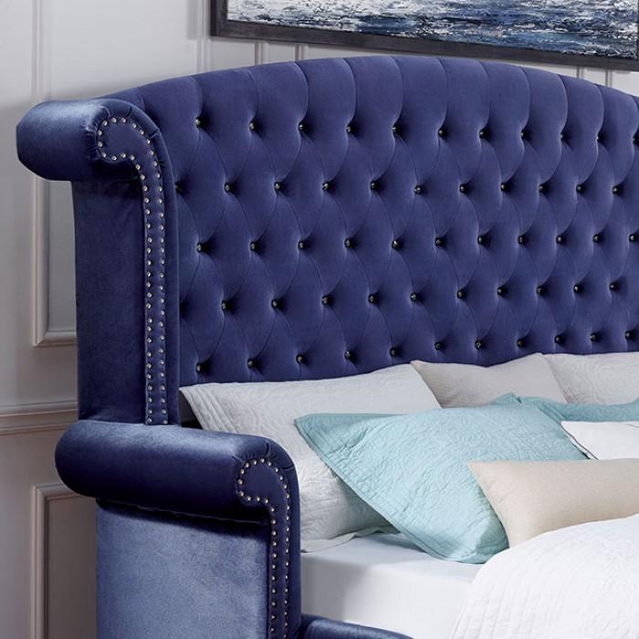 

    
Glam Blue Solid Wood Queen Platform Bed Furniture of America Alzir CM7150BL-Q
