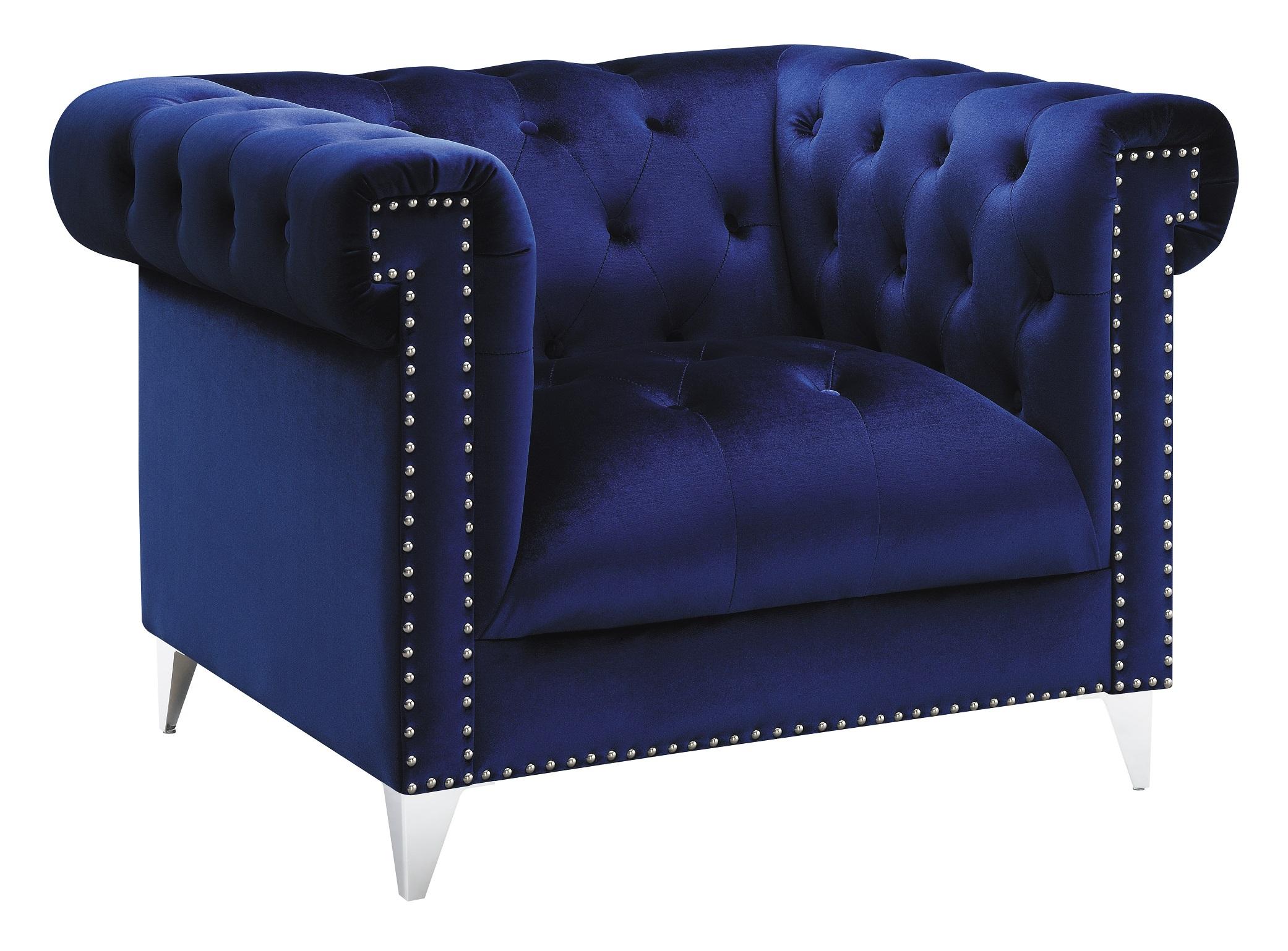 

    
Glam Blue Velvet Arm Chair Coaster 509483 Bleker

