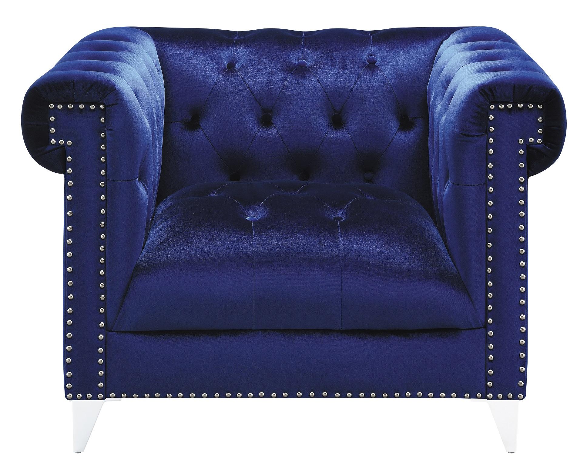 

    
Glam Blue Velvet Arm Chair Coaster 509483 Bleker
