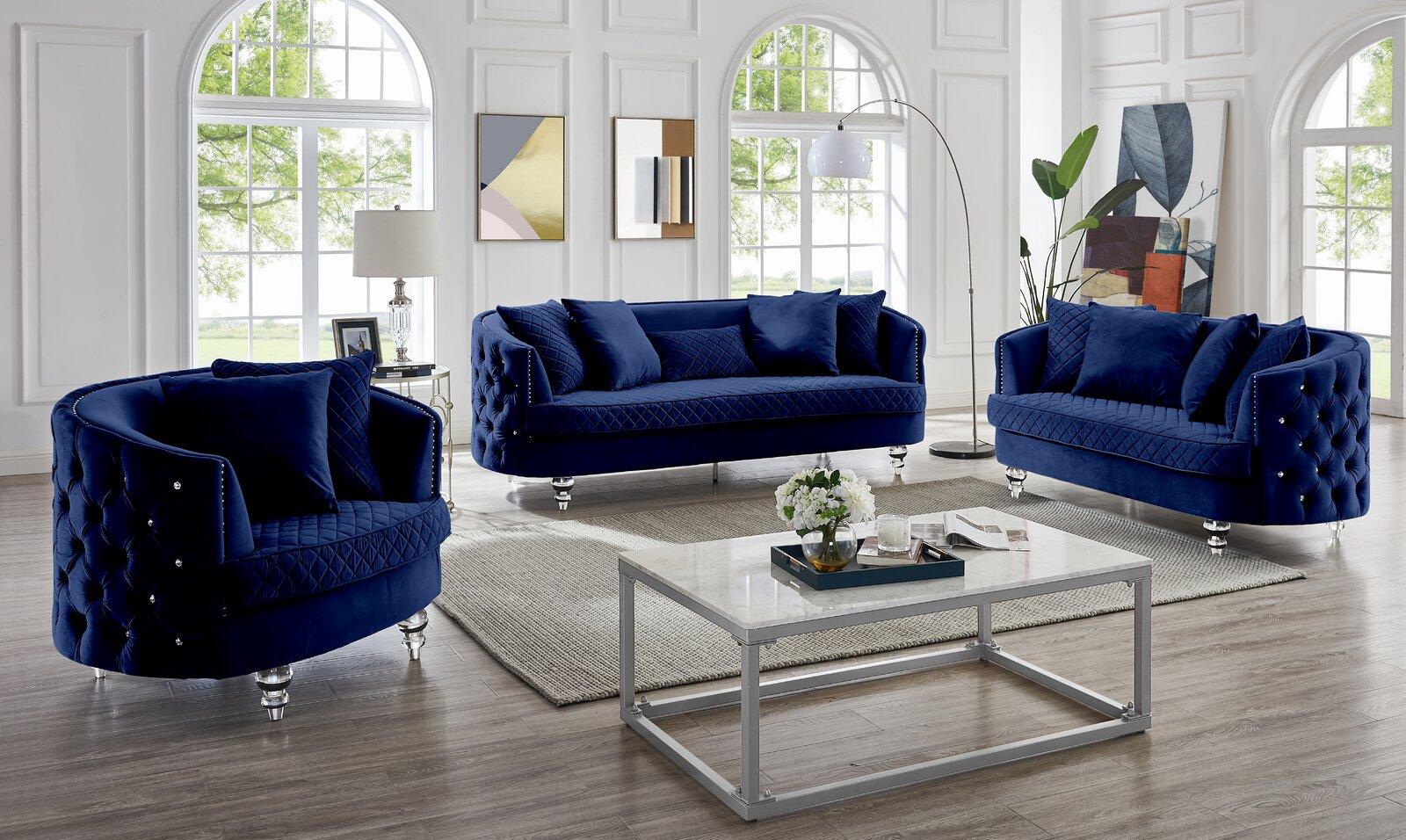 

    
Glam Blue Velvet Crystal Tufted Sofa Set 3 SASHA Galaxy Home Contemporary Modern
