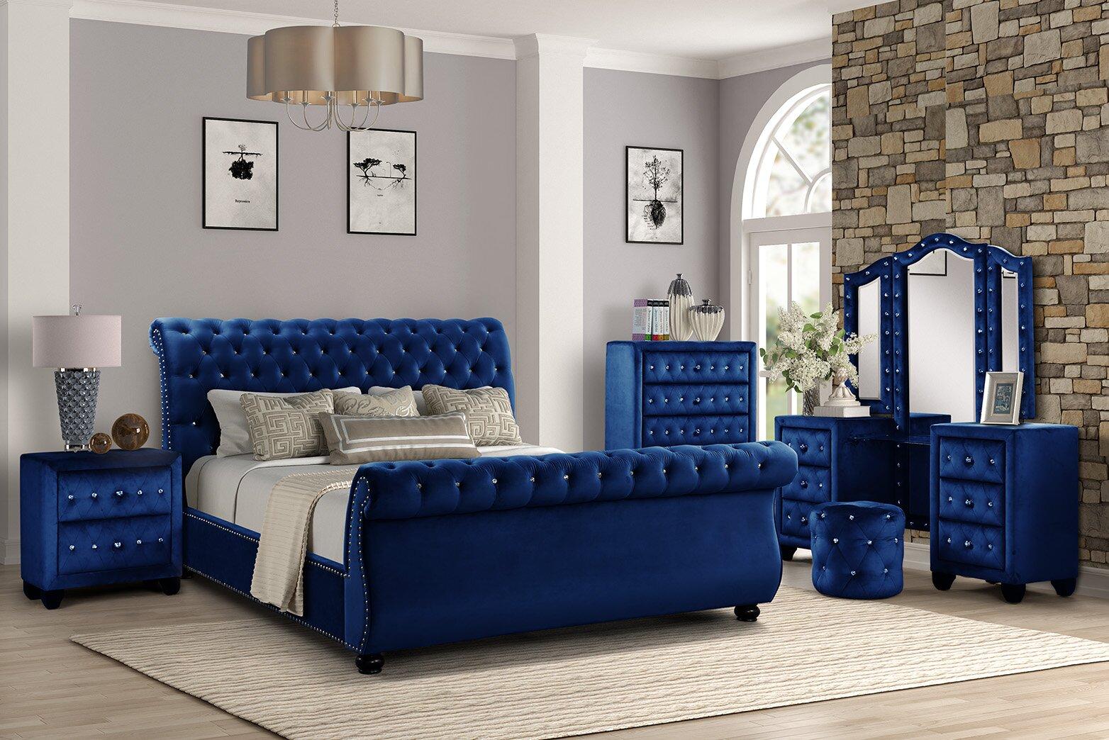 

    
Glam Blue Velvet King Bed Set 5Pcs w/VANITY KENDALL Galaxy Home Contemporary
