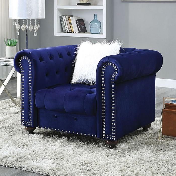 

    
Glam Blue Velvet-Like Fabric Arm Chair Furniture of America CM6240BL-CH Giacomo
