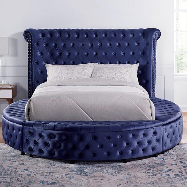 

    
Glam Blue Velvet-Like Fabric King Bed Furniture of America CM7178BL Sansom
