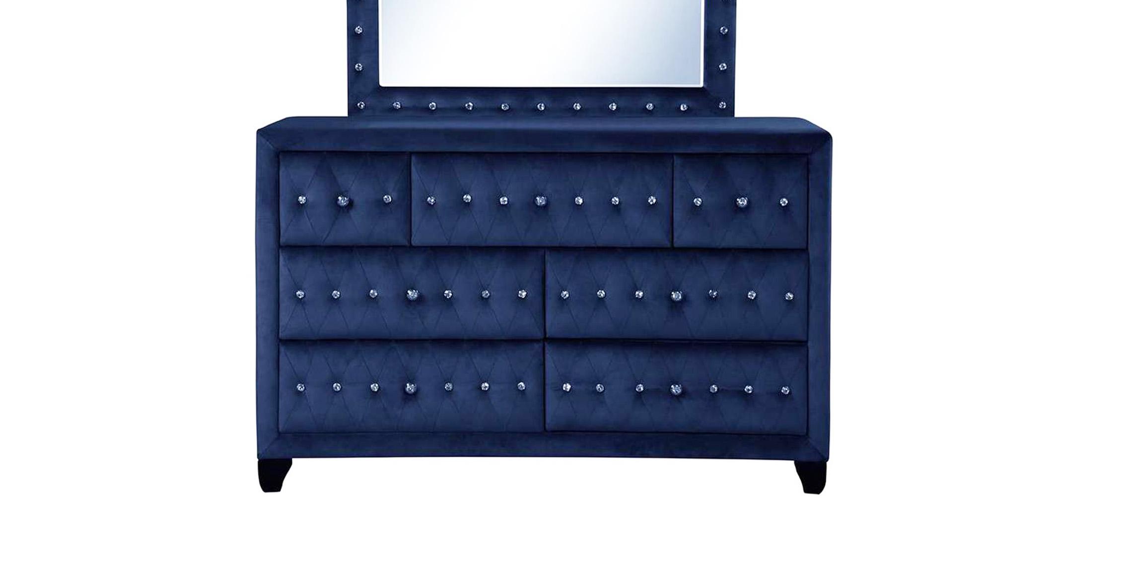 

    
Blue Velvet Tufted 7 Drawer Dresser SOPHIA Galaxy Home Modern Contemporary
