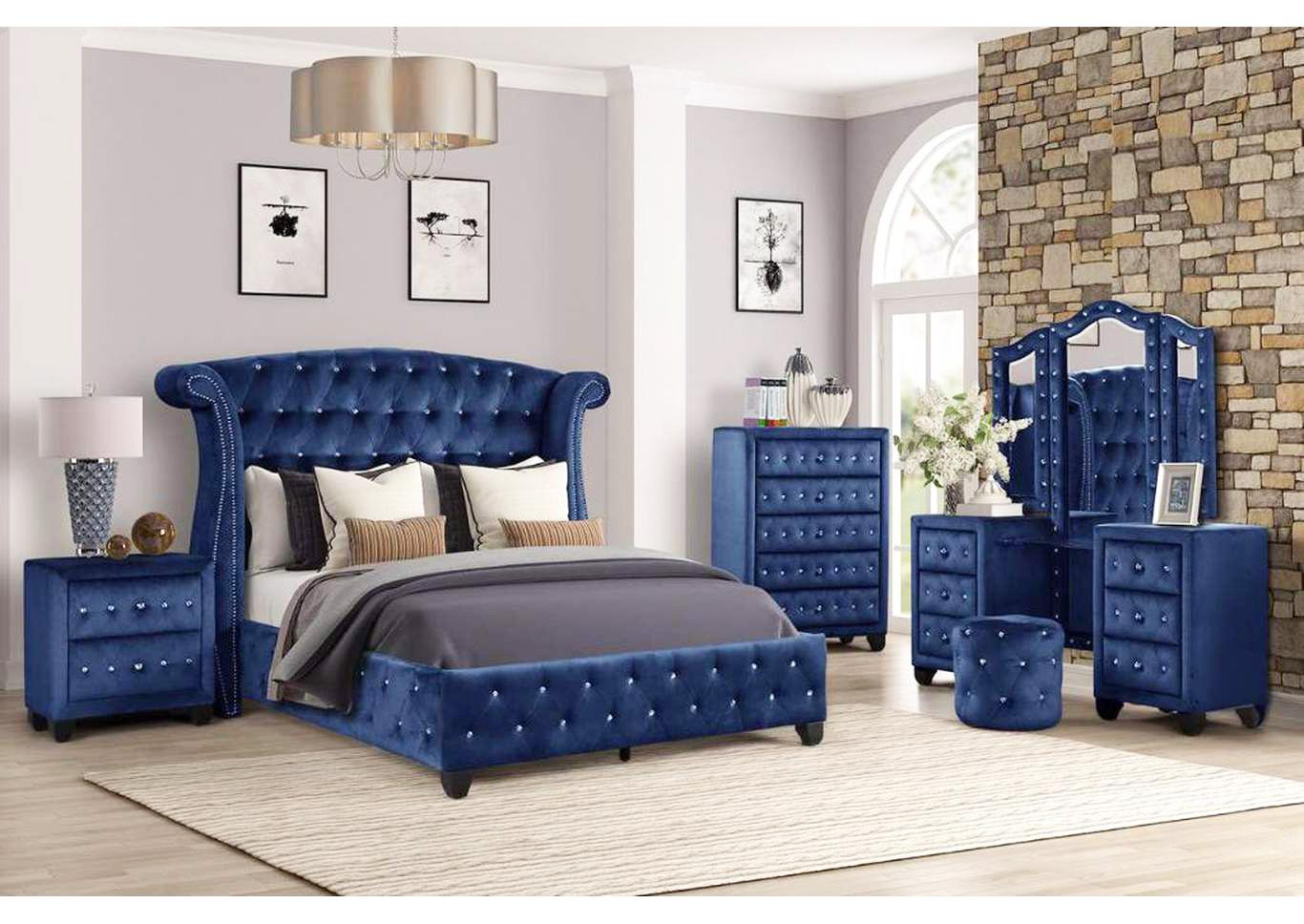 

    
Blue Velvet Tufted King Bedroom Set 4P w/ VANITY SOPHIA Galaxy Home Modern
