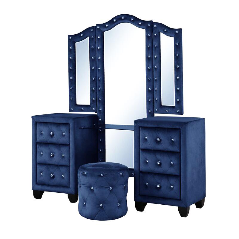

    
 Order  Blue Velvet Tufted King Bedroom Set 5P w/ VANITY SOPHIA Galaxy Home Modern
