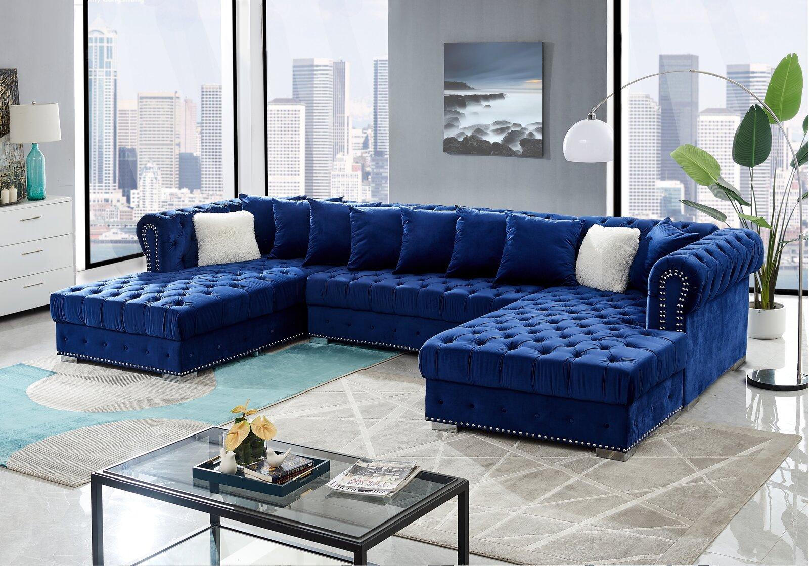 Glam Blue Velvet Tufted Sectional Sofa