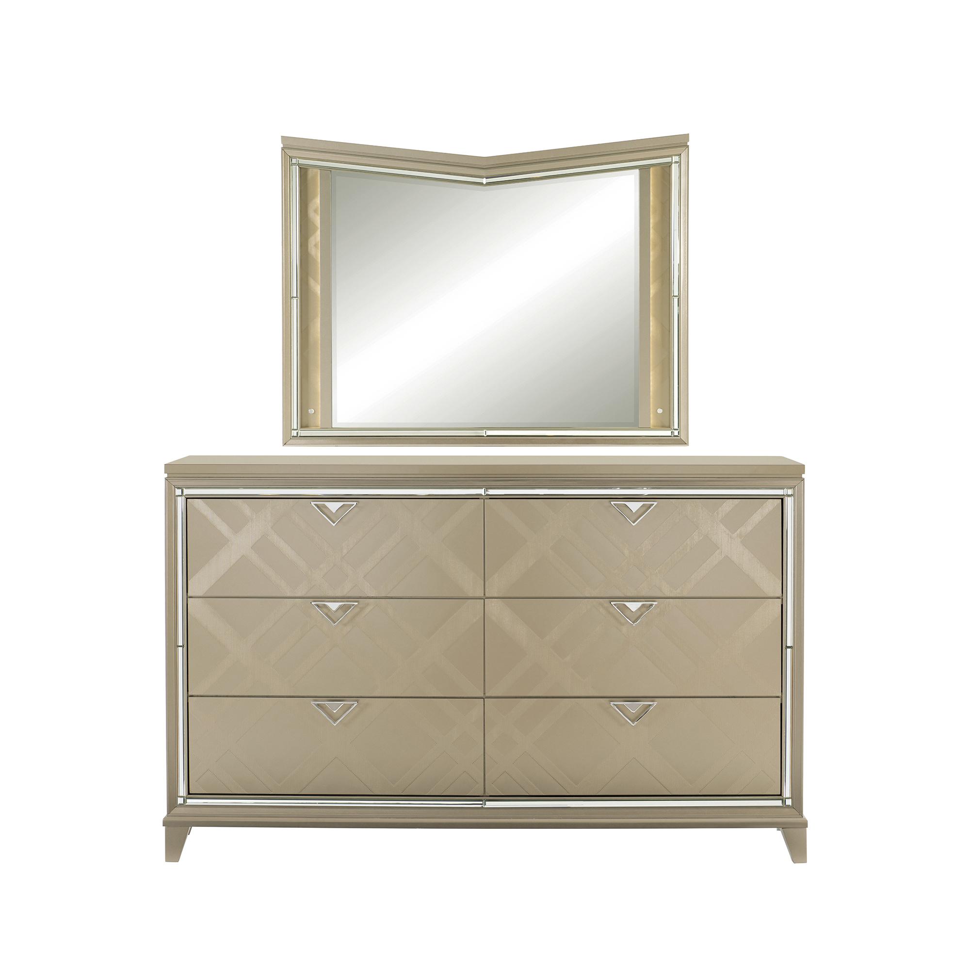 

    
Glam Champagne Metallic Wood Dresser w/Mirror Homelegance 1522-5WF-6 Bijou
