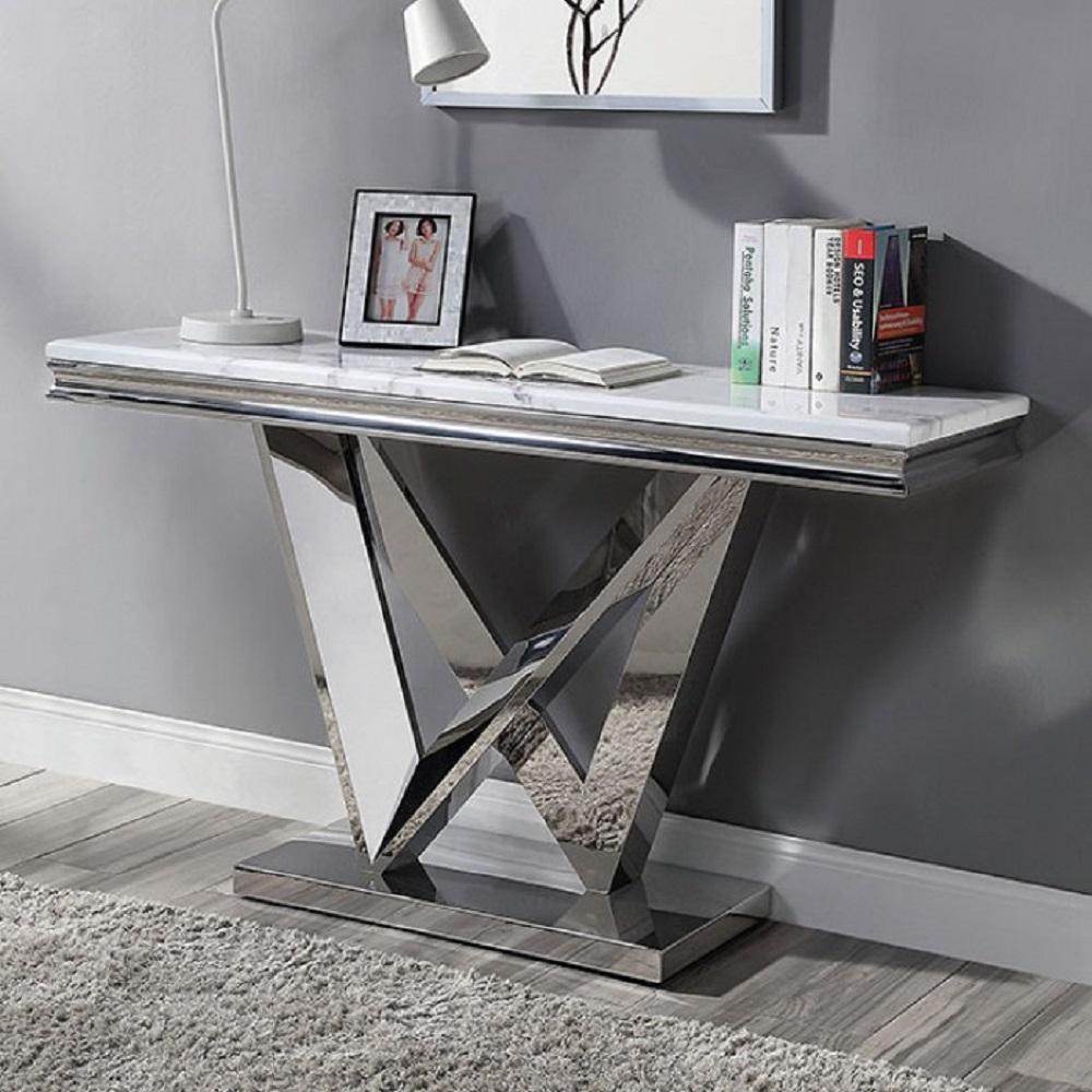 

    
Glam Chrome Stainless Steel & Faux Marble Top Sofa Table Furniture of America CM4284S Villarsglane

