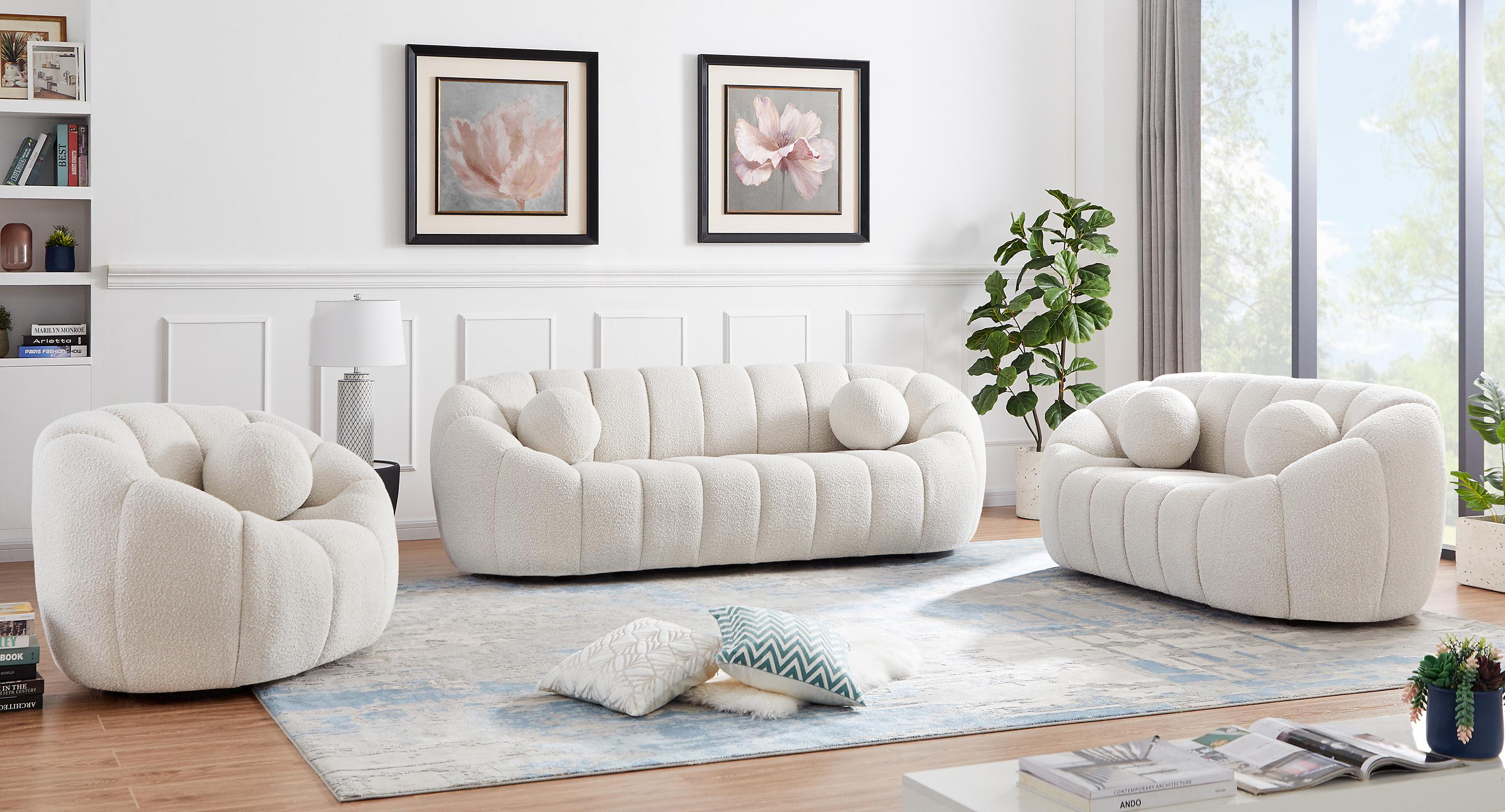 

    
Glam Cream Boucle Channel Tufted Sofa Set 3Pcs ELIJAH 644Cream-S Meridian Modern
