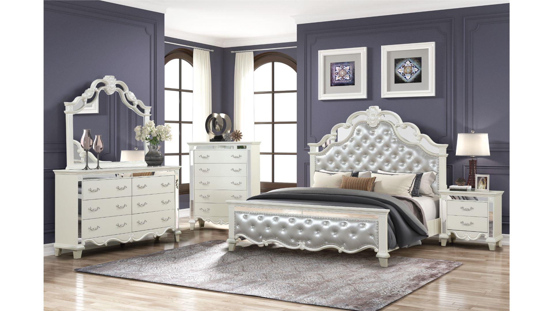 Contemporary, Modern Panel Bedroom Set MILAN MILAN-CR-Q-NDMC-5PC in Cream Faux Leather