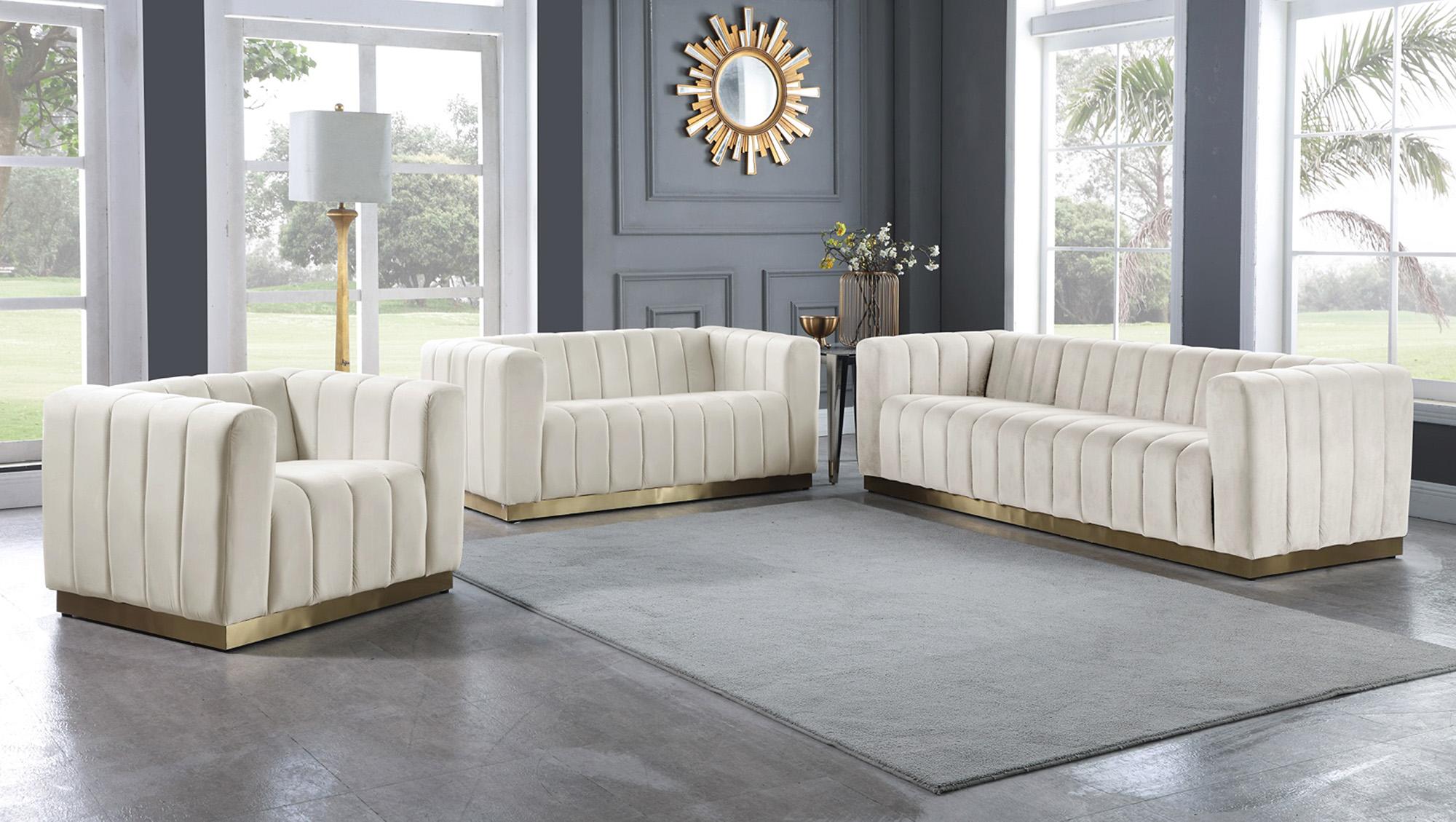 

    
Glam Cream Velvet Channel Tufted Sofa Set 3Pcs MARLON 603Cream-S Meridian Modern
