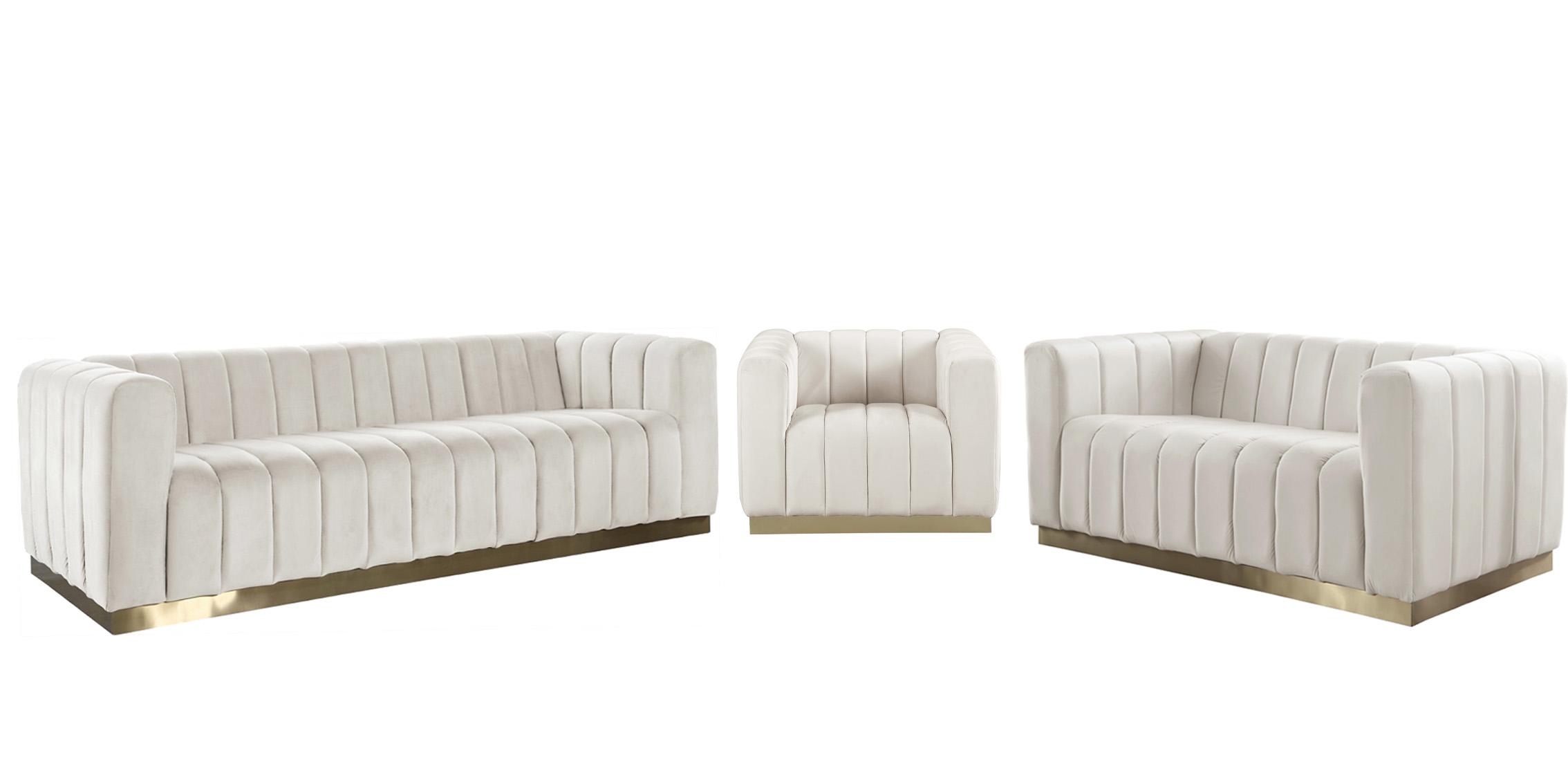 

    
Glam Cream Velvet Channel Tufted Sofa Set 3Pcs MARLON 603Cream-S Meridian Modern
