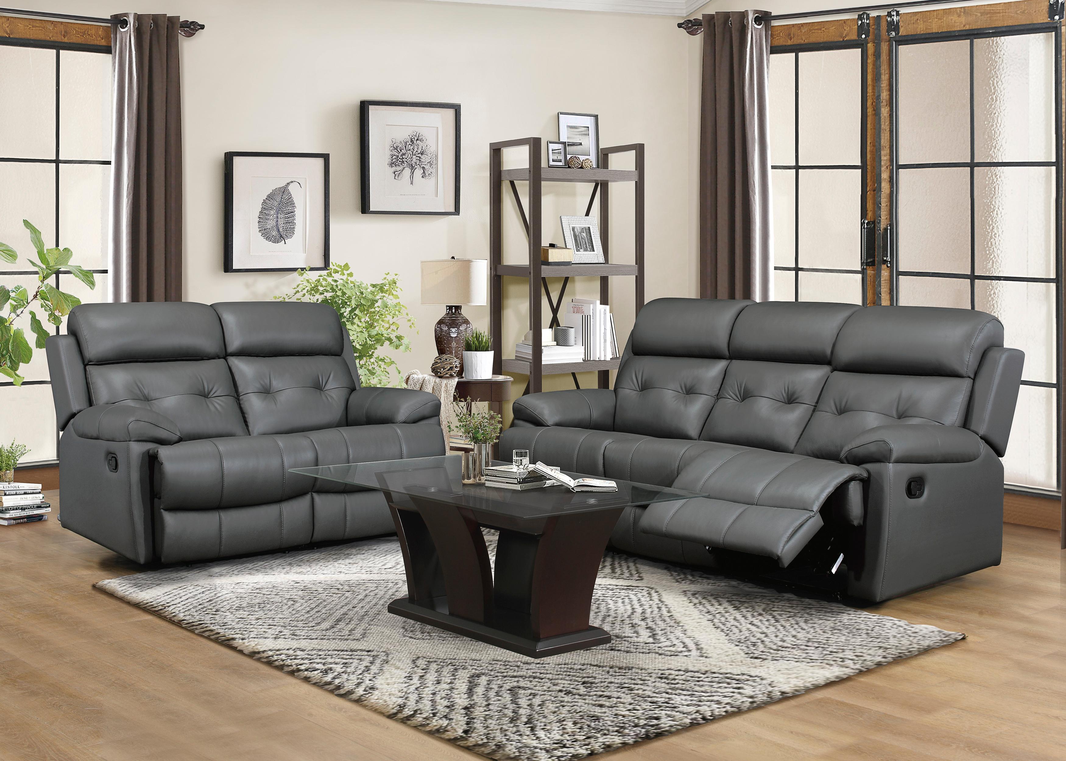 

    
Glam Dark Gray Leather Reclining Sofa Set 2pcs Homelegance 9529DGY Lambent
