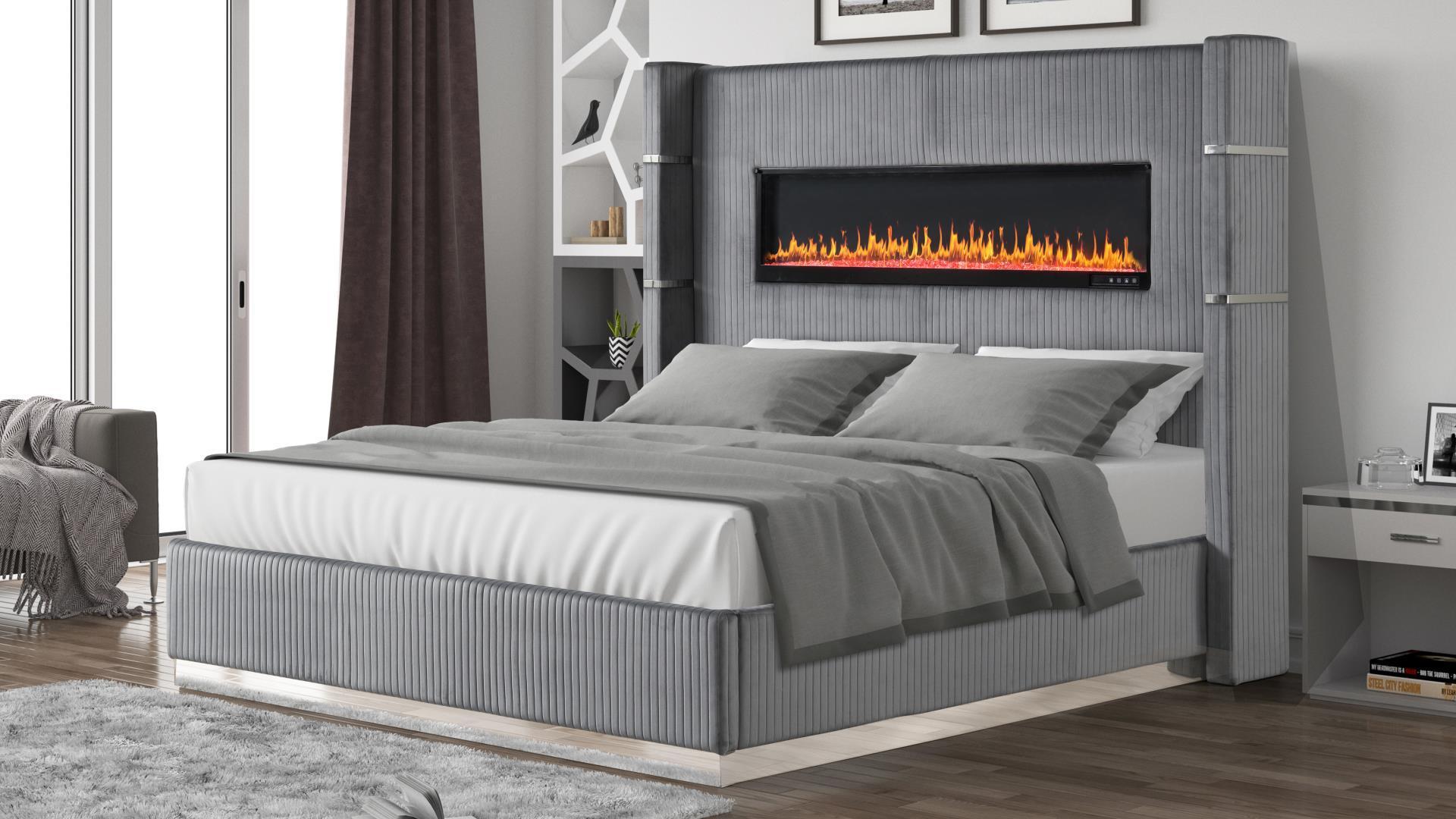 Contemporary, Modern Platform Bed LIZELLE Gray LIZELLE-Q in Gray Velvet