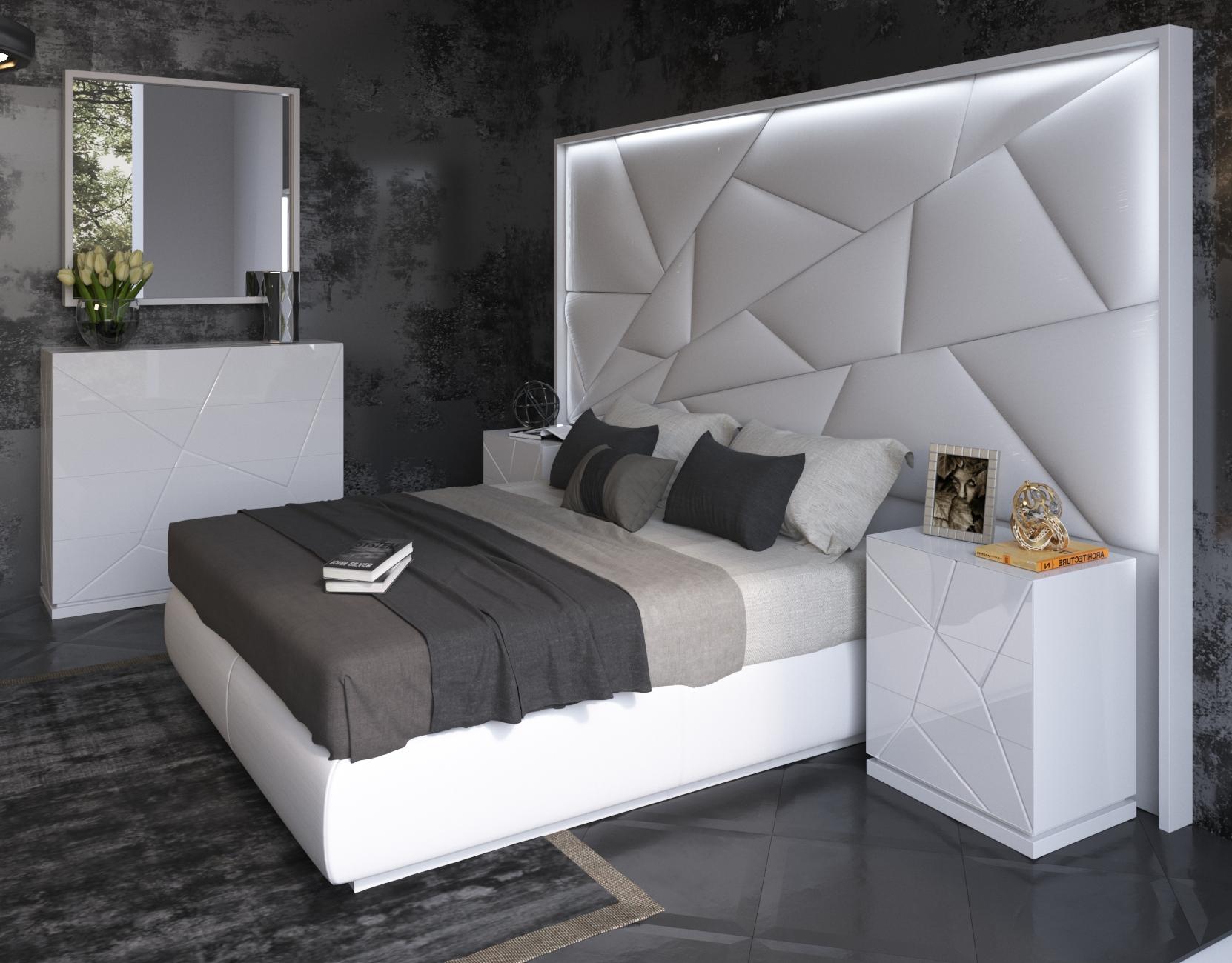 

    
Glam Glossy White King Bedroom Set 3Pcs w/light MADE IN SPAIN ESF Majesty & Kiu
