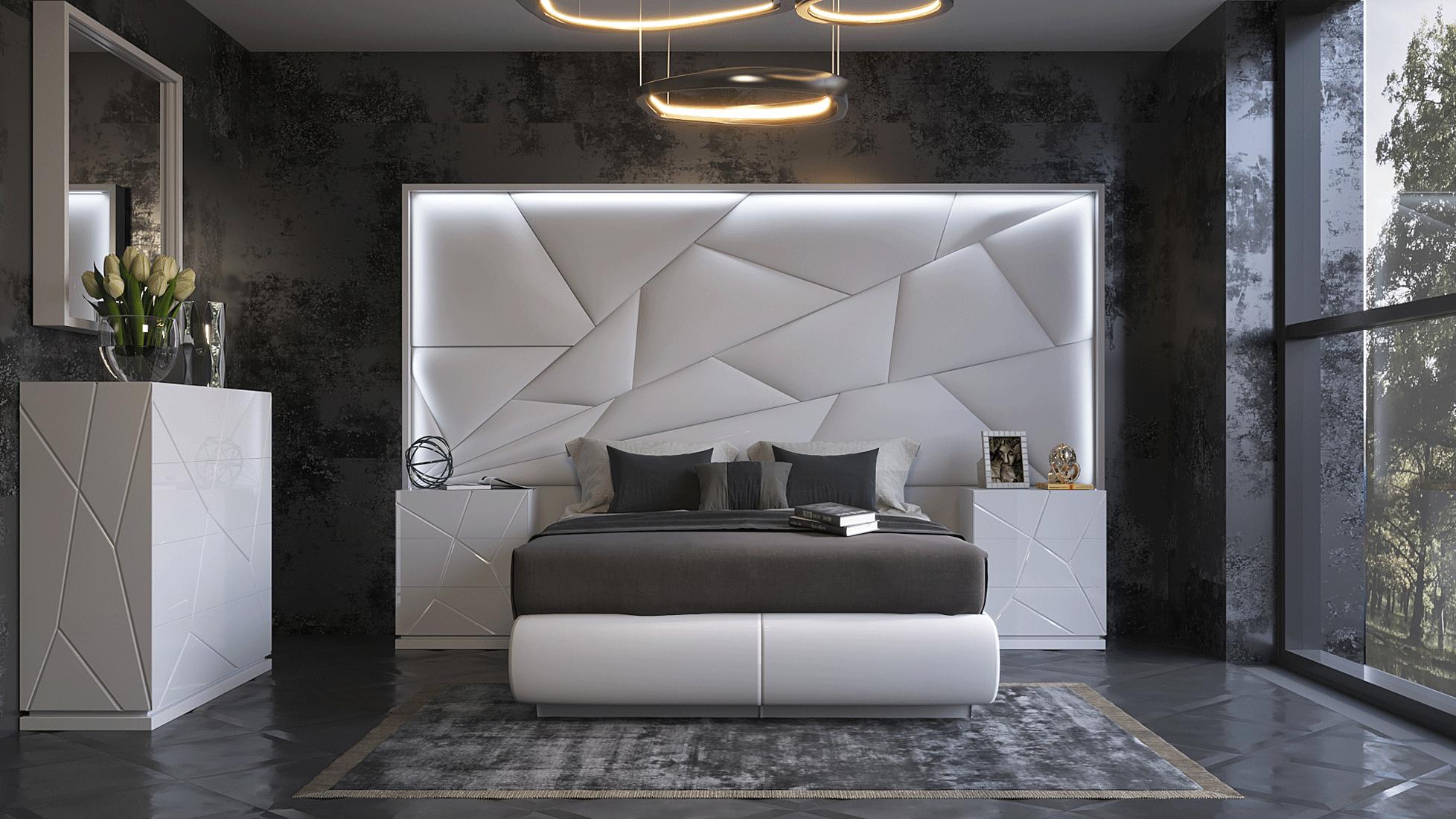 Contemporary, Modern Platform Bedroom Set Majesty & Kiu MAJESTYQS-2NDM-5PC in White Eco Leather
