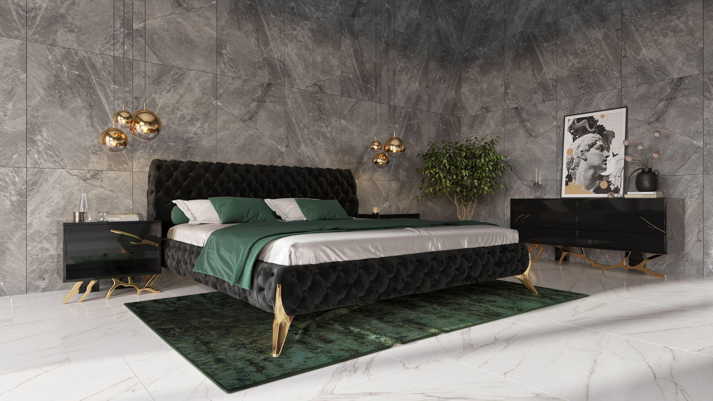 Contemporary, Modern Panel Bedroom Set Legend VGVCBD8111-BLKGLD-K-SET-4pcs in Gold, Black Velvet
