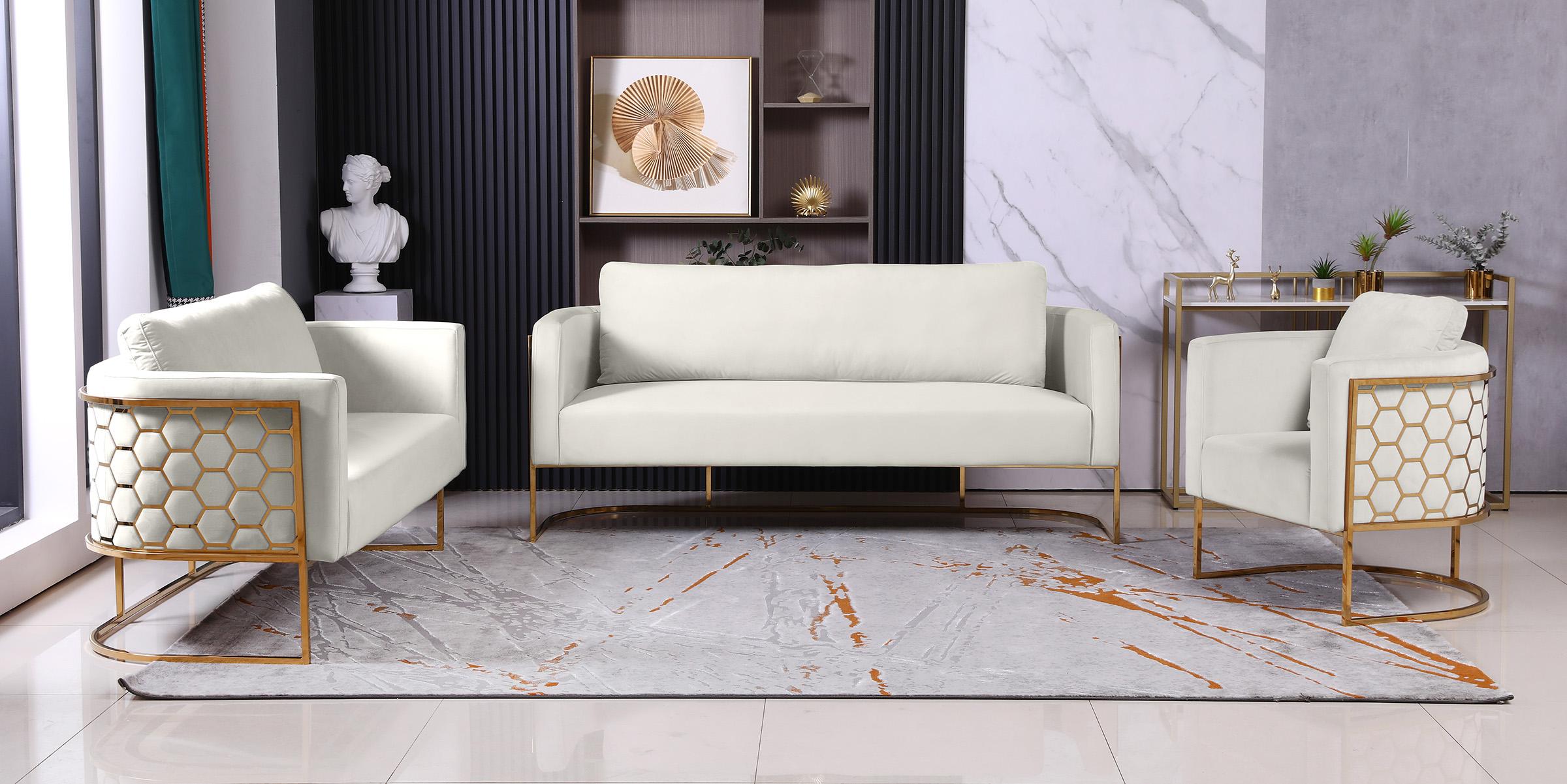 

    
 Photo  Glam Gold & Cream Velvet Sofa Set 3Pcs CASA 692Cream-S Meridian Contemporary
