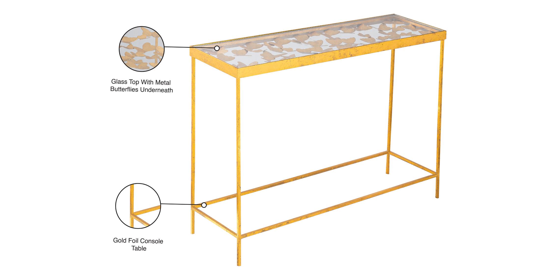 

    
 Shop  Glam Gold Foil & Glass Top Console Table Set 2P BUTTERFLY 470-C Meridian Modern
