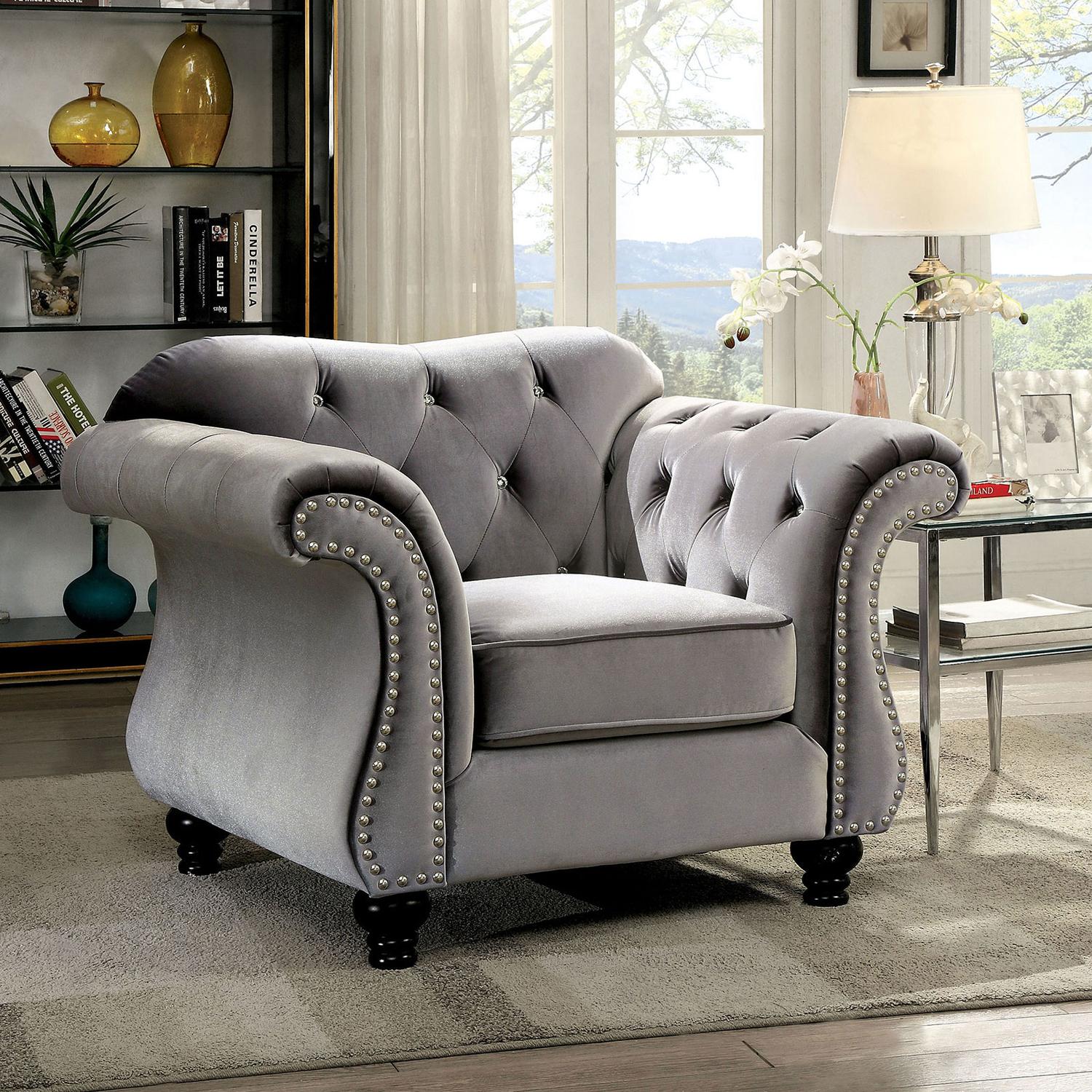 

    
Glam Gray Flannelette Arm Chair Furniture of America CM6159GY-CH Jolanda
