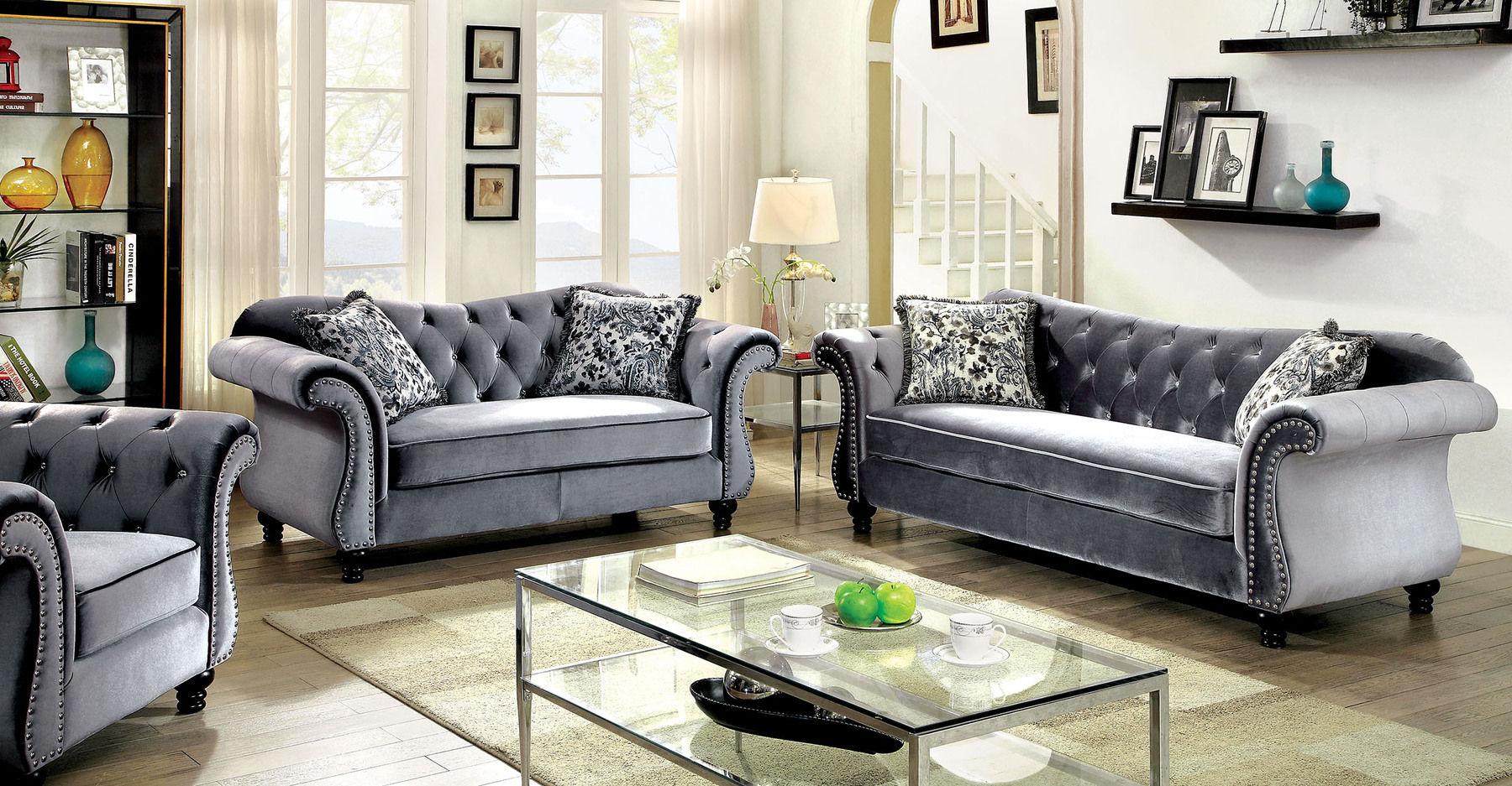 

    
Glam Gray Flannelette Living Room Set 3pcs Furniture of America Jolanda
