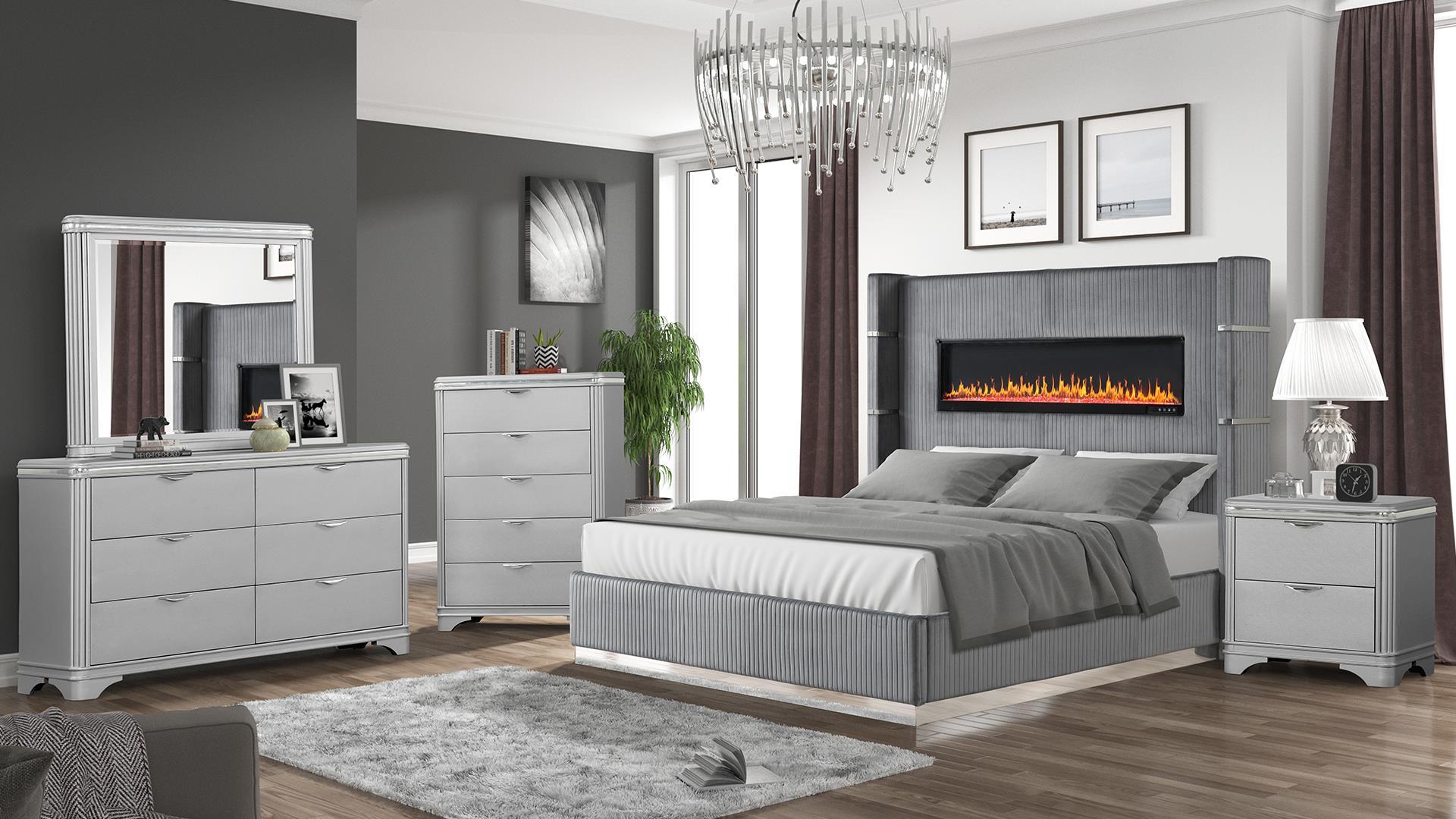 Contemporary, Modern Platform Bedroom Set LIZZELE Gray LIZZELE-EK-NDM-4PC in Gray Velvet