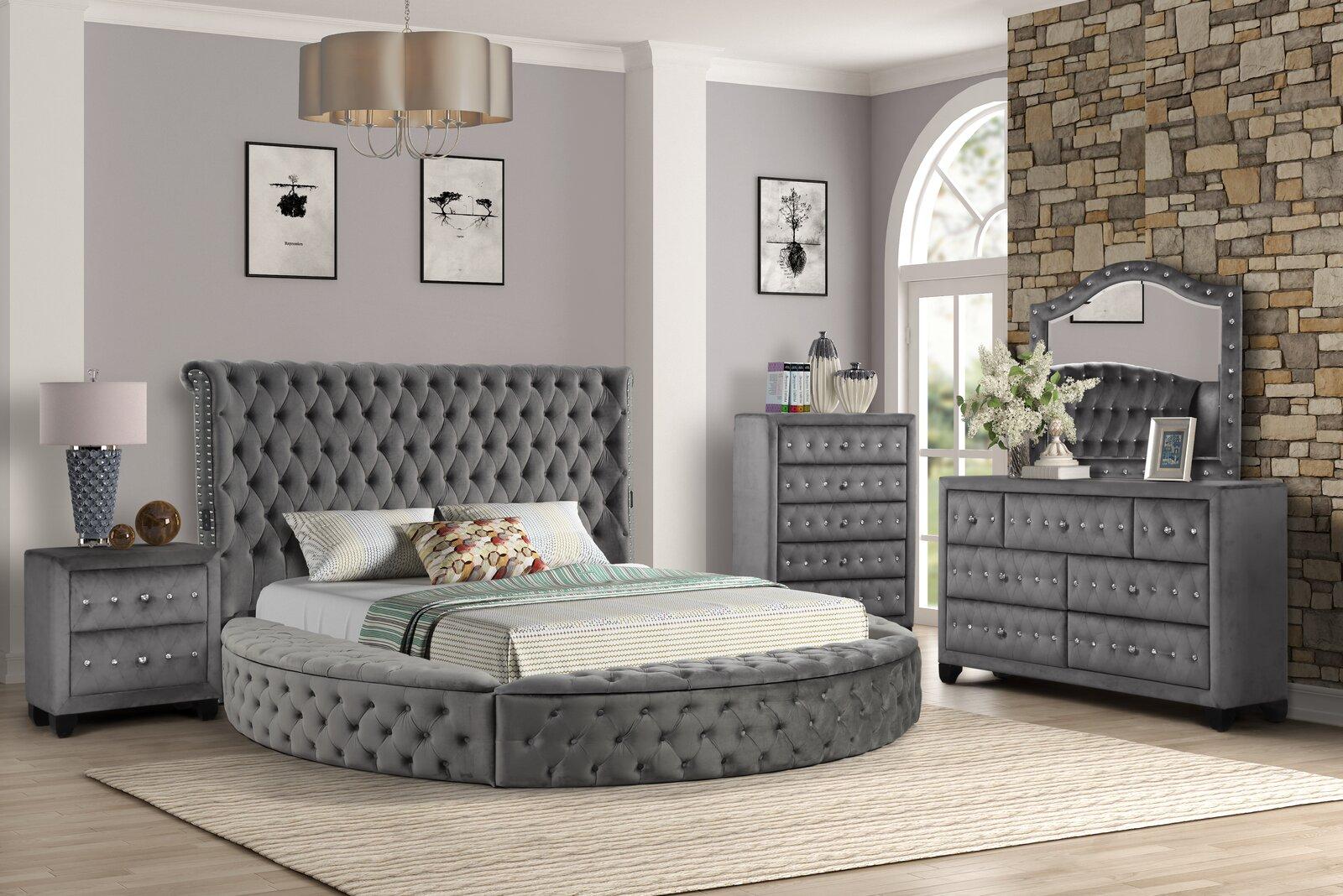 Contemporary, Modern Storage Bedroom Set HAZEL GHF-733569358816-Set-4 in Gray Velvet