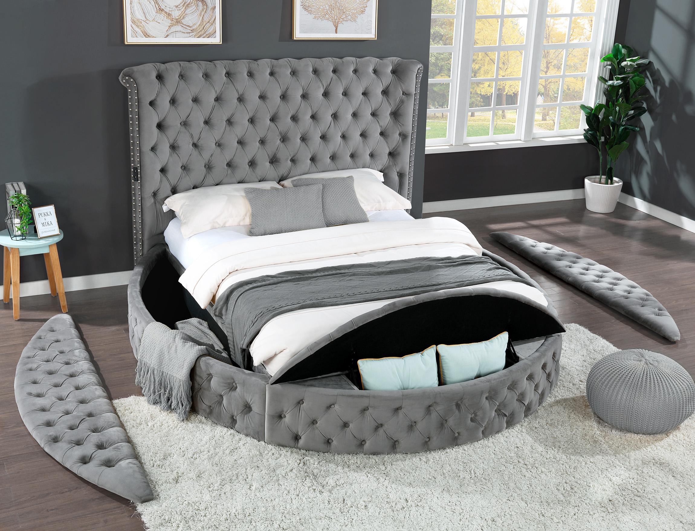 

    
Glam Gray Velvet KING Button Tufted Bed HAZEL Galaxy Home Contemporary Modern
