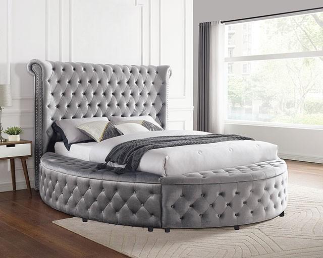 

                    
Furniture of America CM7178GY-EK Sansom Platform Bed Gray Velvet-like Fabric Purchase 
