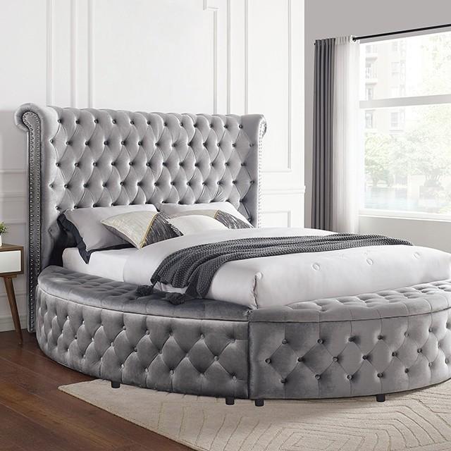 

    
Glam Gray Velvet-Like Fabric Queen Bed Furniture of America CM7178GY Sansom
