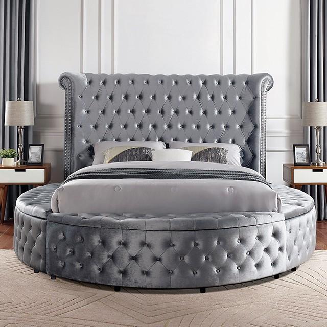 

    
Glam Gray Velvet-Like Fabric Queen Bed Furniture of America CM7178GY Sansom
