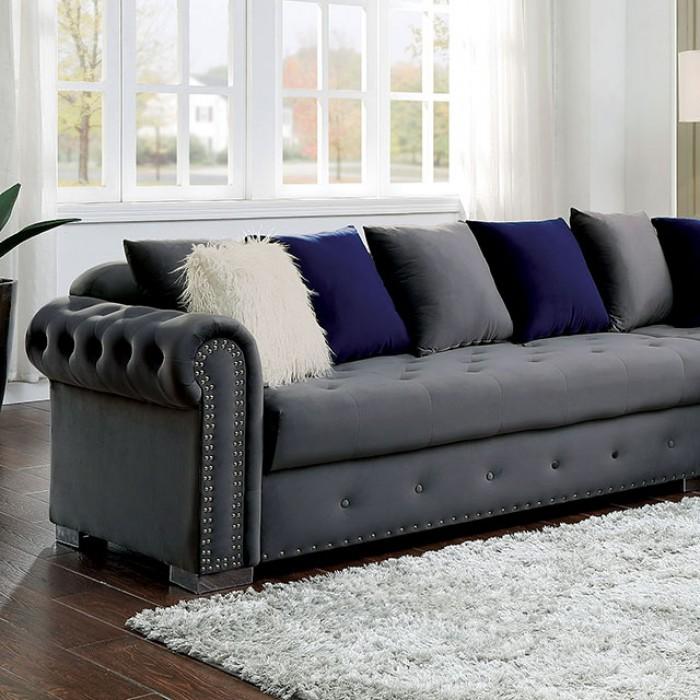 

    
Glam Gray Velvet-like Fabric Sectional Sofa Furniture of America CM6239GY Wilmington
