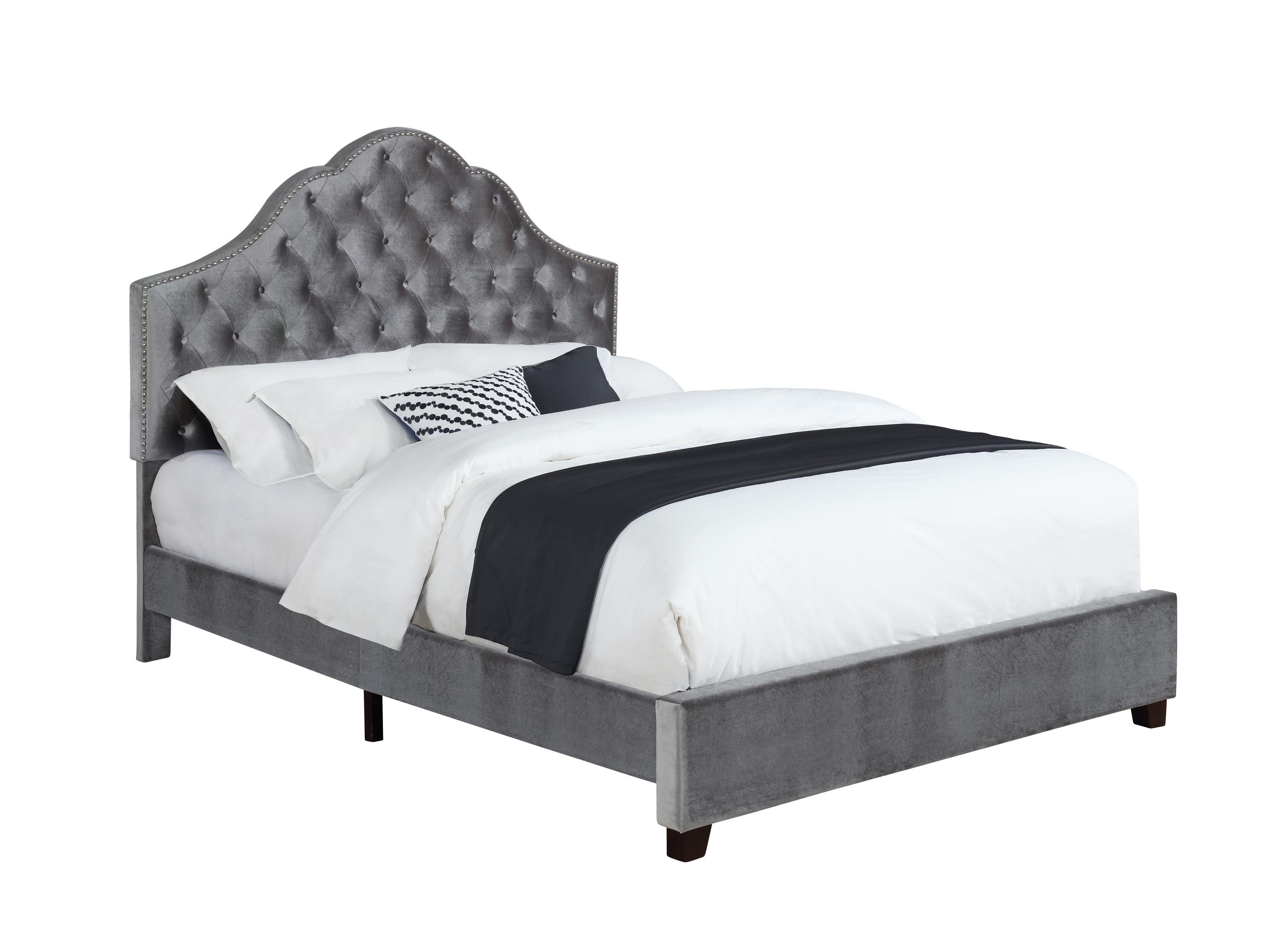 

    
Glam Gray Velvet & Solid Hardwood Queen Bed Coaster 315891Q Abbeville
