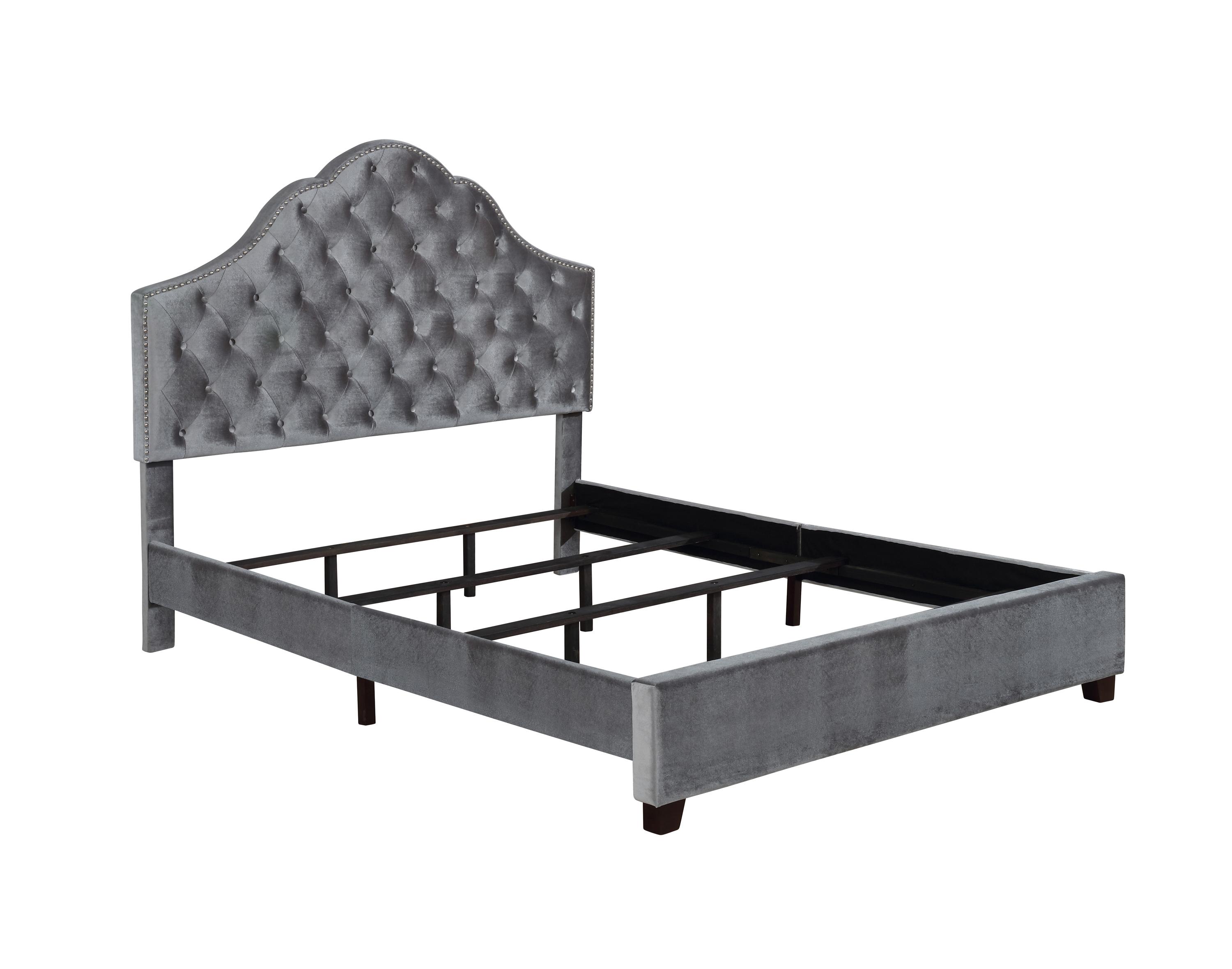

    
Glam Gray Velvet & Solid Hardwood Queen Bed Coaster 315891Q Abbeville
