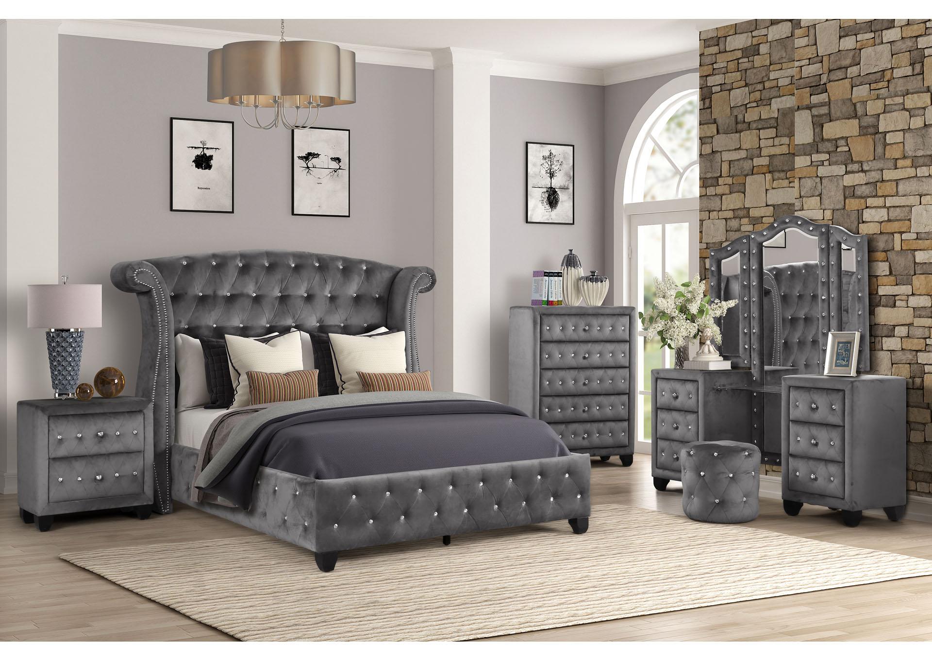 

    
Gray Velvet Tufted King Bedroom Set 4P w/ VANITY SOPHIA Galaxy Home Modern
