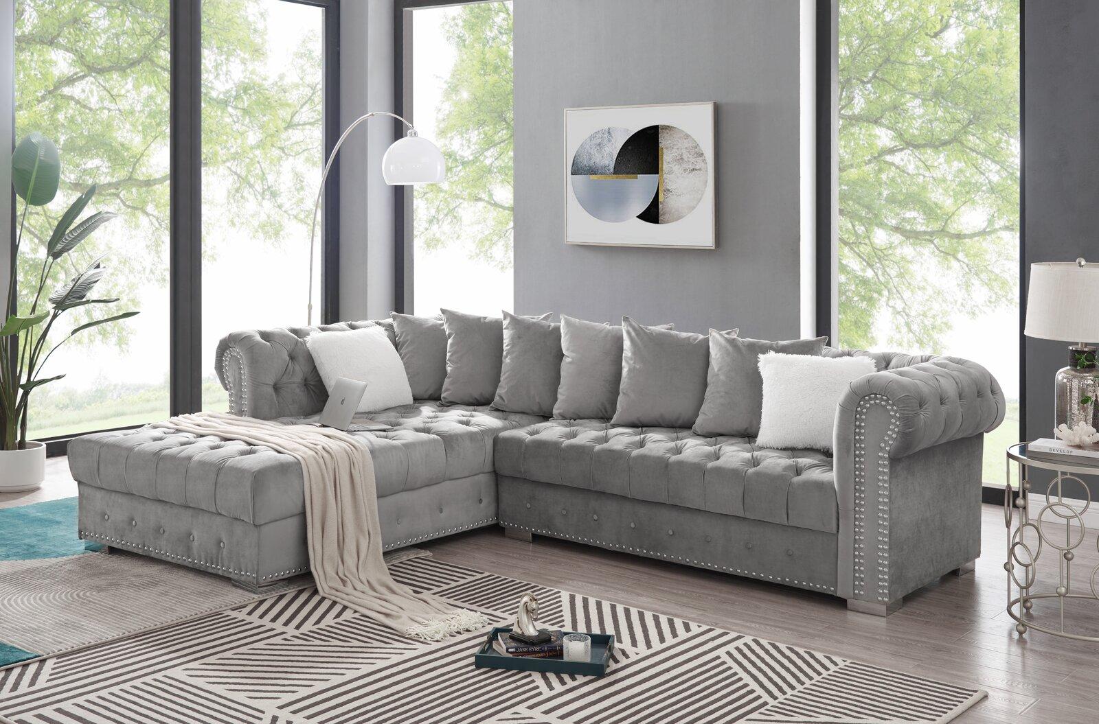Glam Gray Velvet Tufted Sectional Sofa