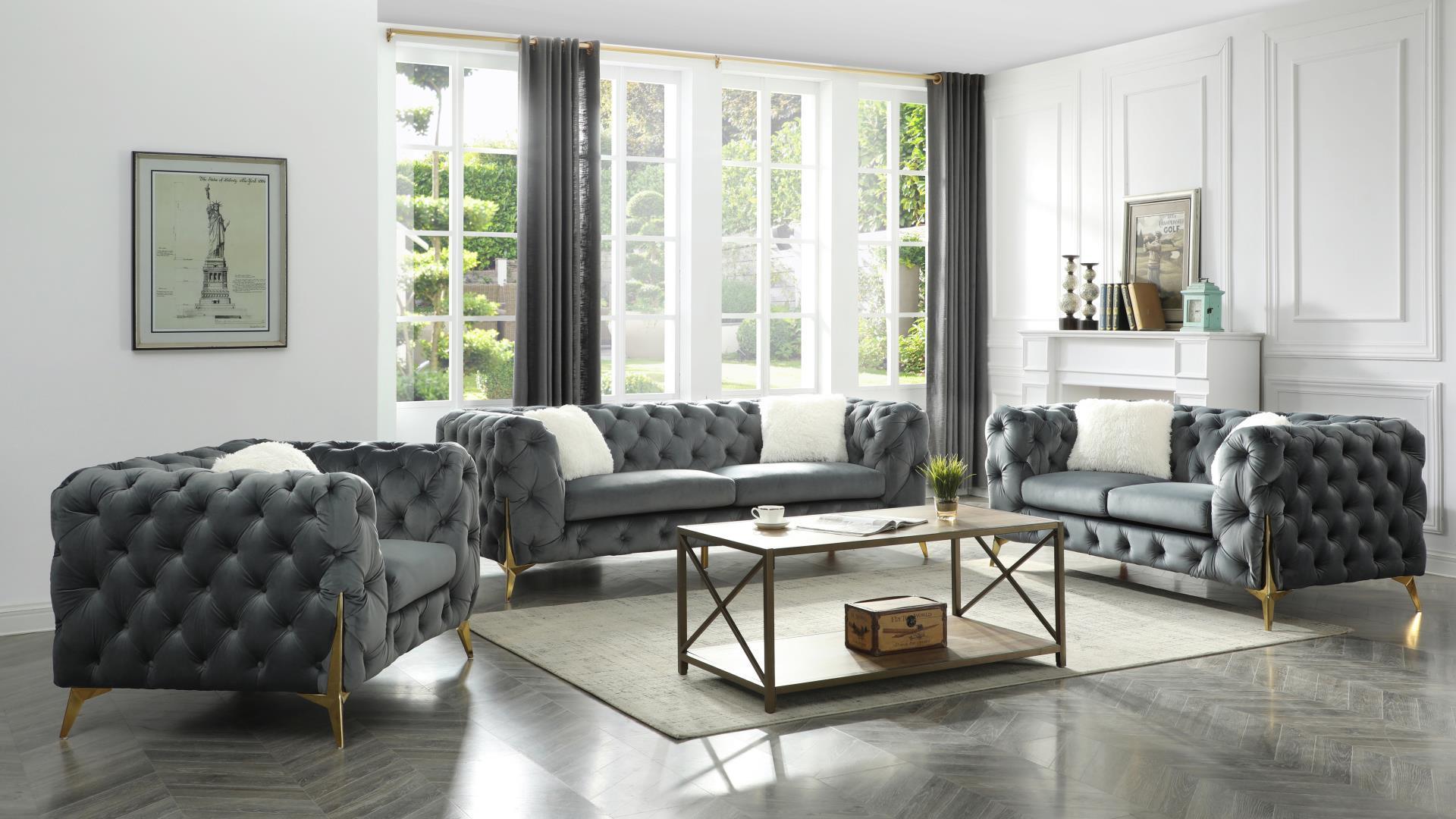 

    
Glam Gray Velvet Tufted Sofa Set 3 Pcs MODERNO Galaxy Home Modern
