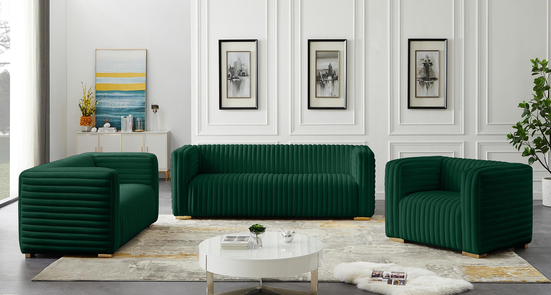 

    
Glam GREEN Velvet Channel Tufted Sofa Set 3Pcs Ravish 640Green Meridian Modern
