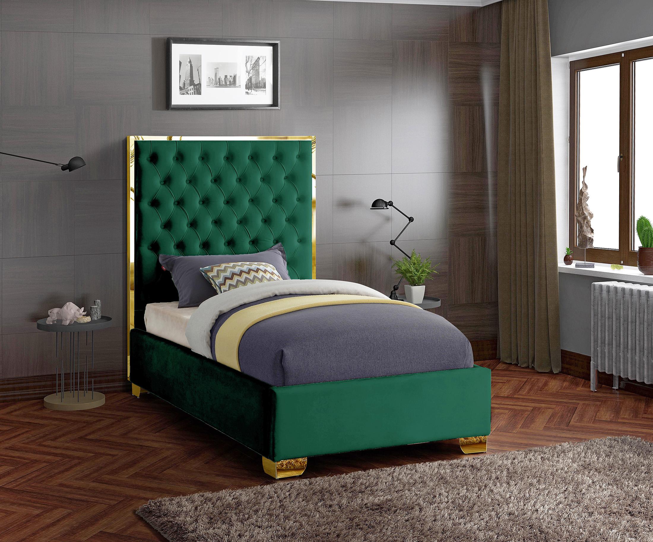 

    
Glam Green Velvet & Gold Trim Deep Tufting Twin Bed LANA Meridian Contemporary
