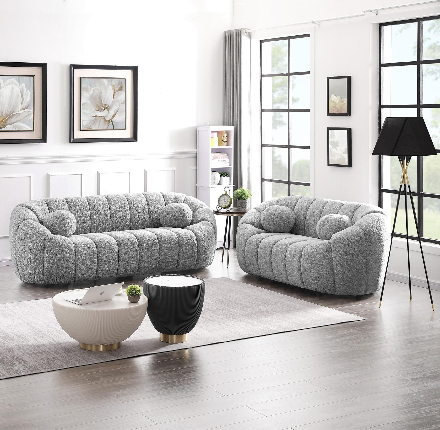 

    
Glam Grey Boucle Channel Tufted Sofa Set 2Pcs  ELIJAH 644Grey Meridian Modern
