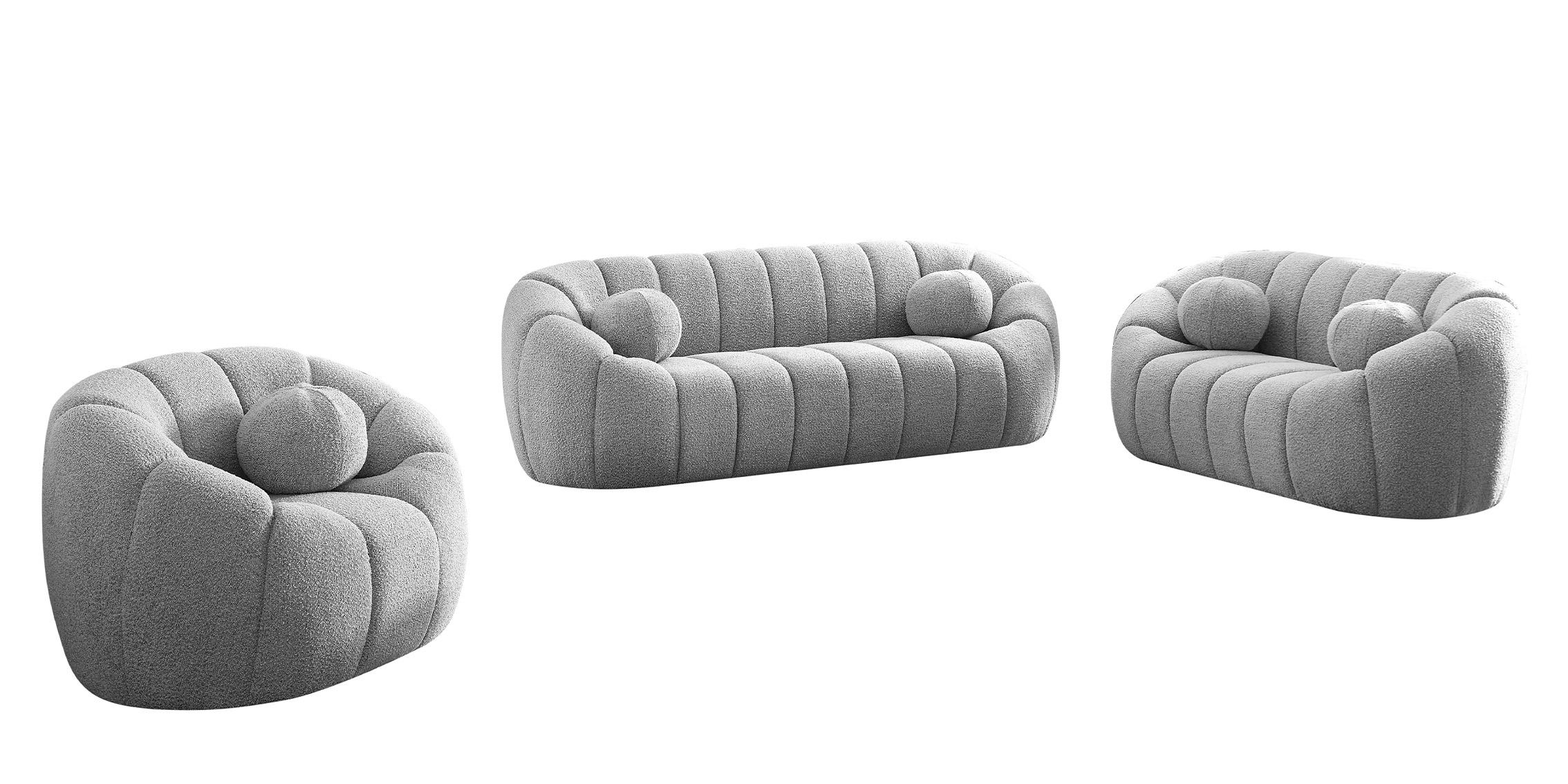 

    
Glam Grey Boucle Channel Tufted Sofa Set 3Pcs  ELIJAH 644Grey Meridian Modern
