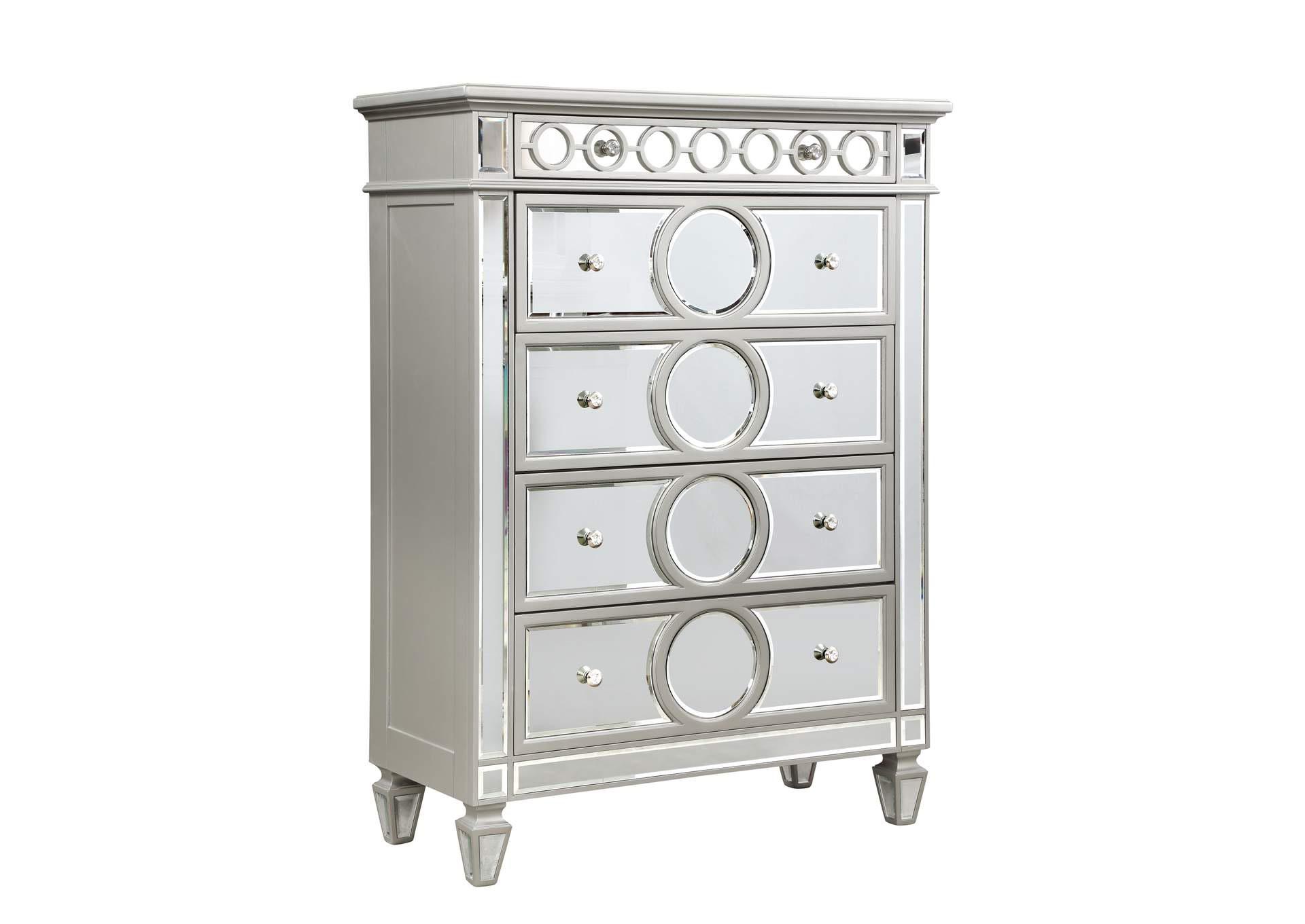 

    
Glam Grey Silver & Mirror Accents 5 Drawers Chest Symphony Galaxy Home Modern
