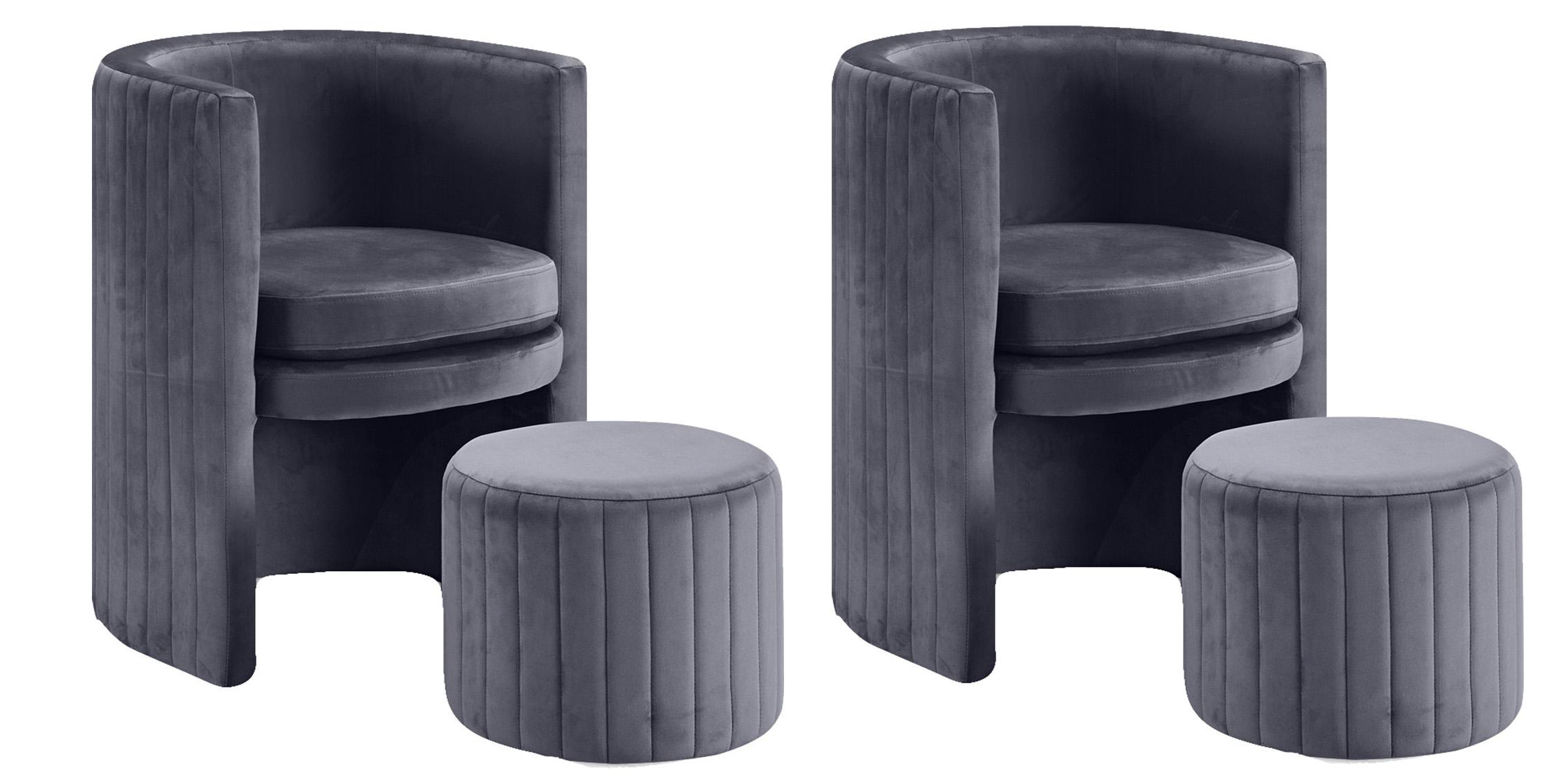 

    
Glam Grey Velvet Accent Chair & Ottoman Set 4Pcs SELENA 555Grey Meridian Modern
