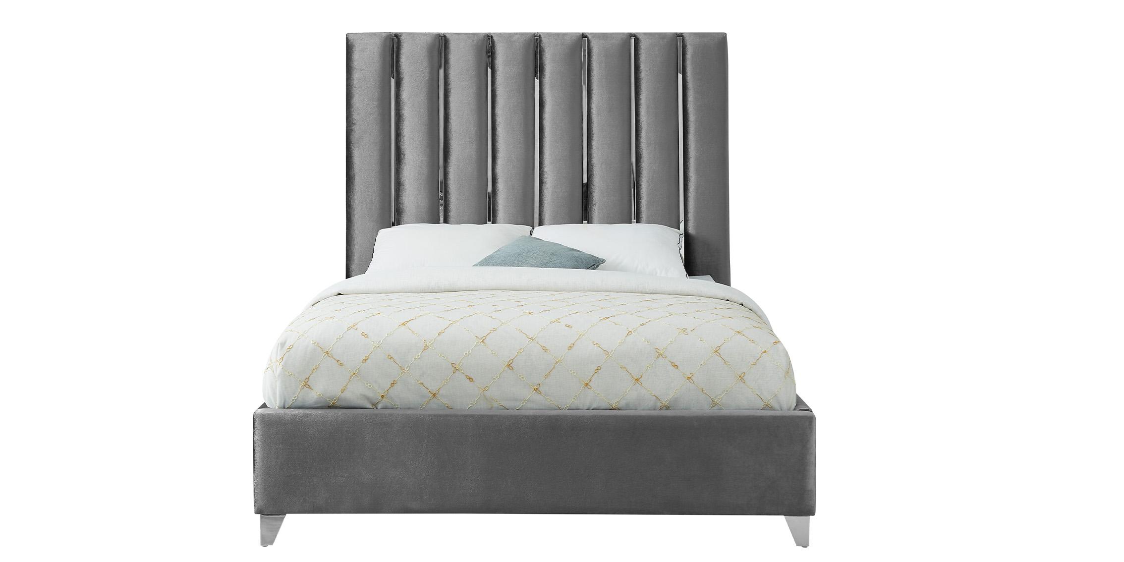 

    
Glam Grey Velvet Channel Tufted Full Bed Enzo Meridian Contemporary Modern

