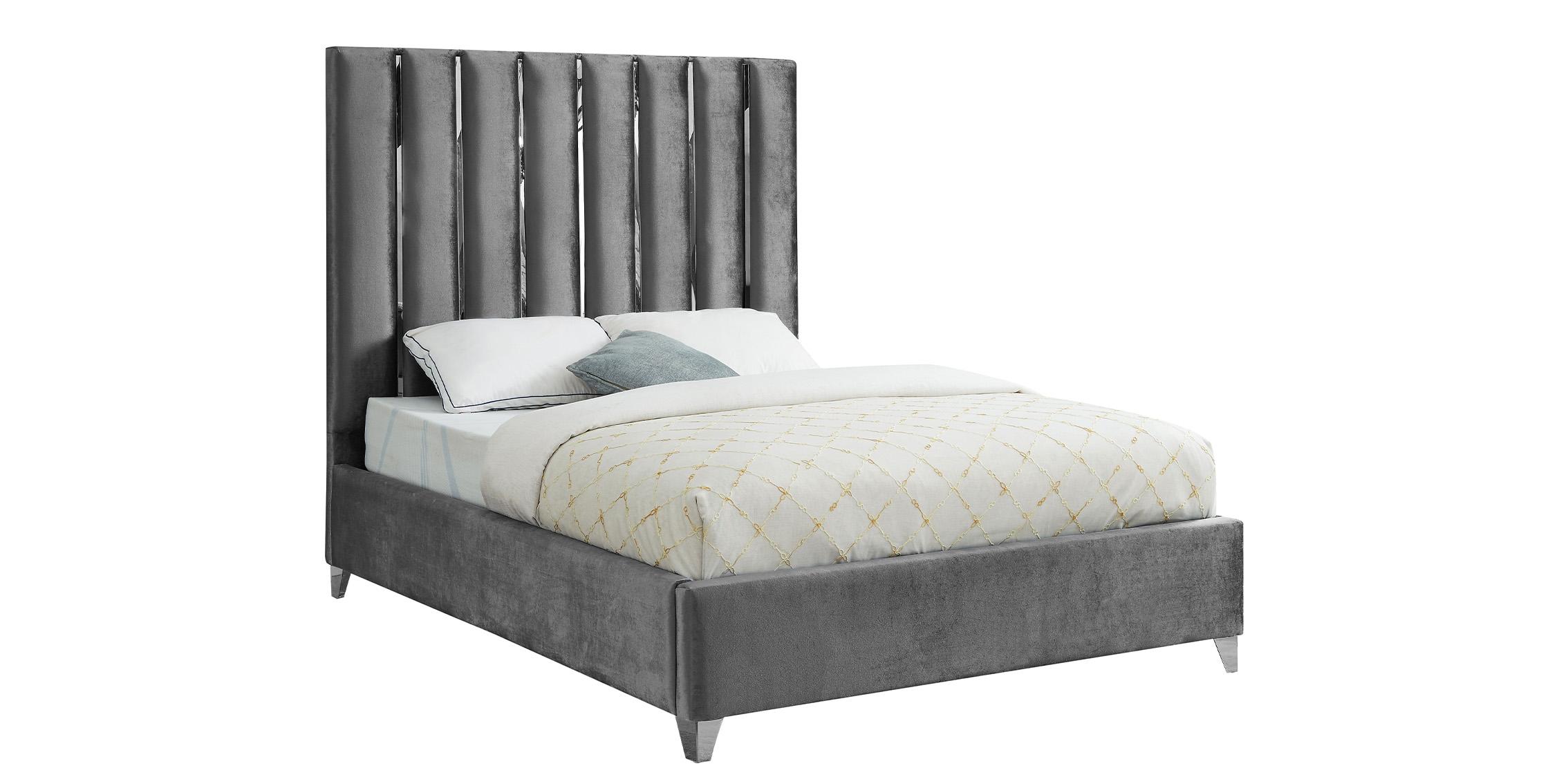 

    
Glam Grey Velvet Channel Tufted Queen Bed Enzo Meridian Contemporary Modern
