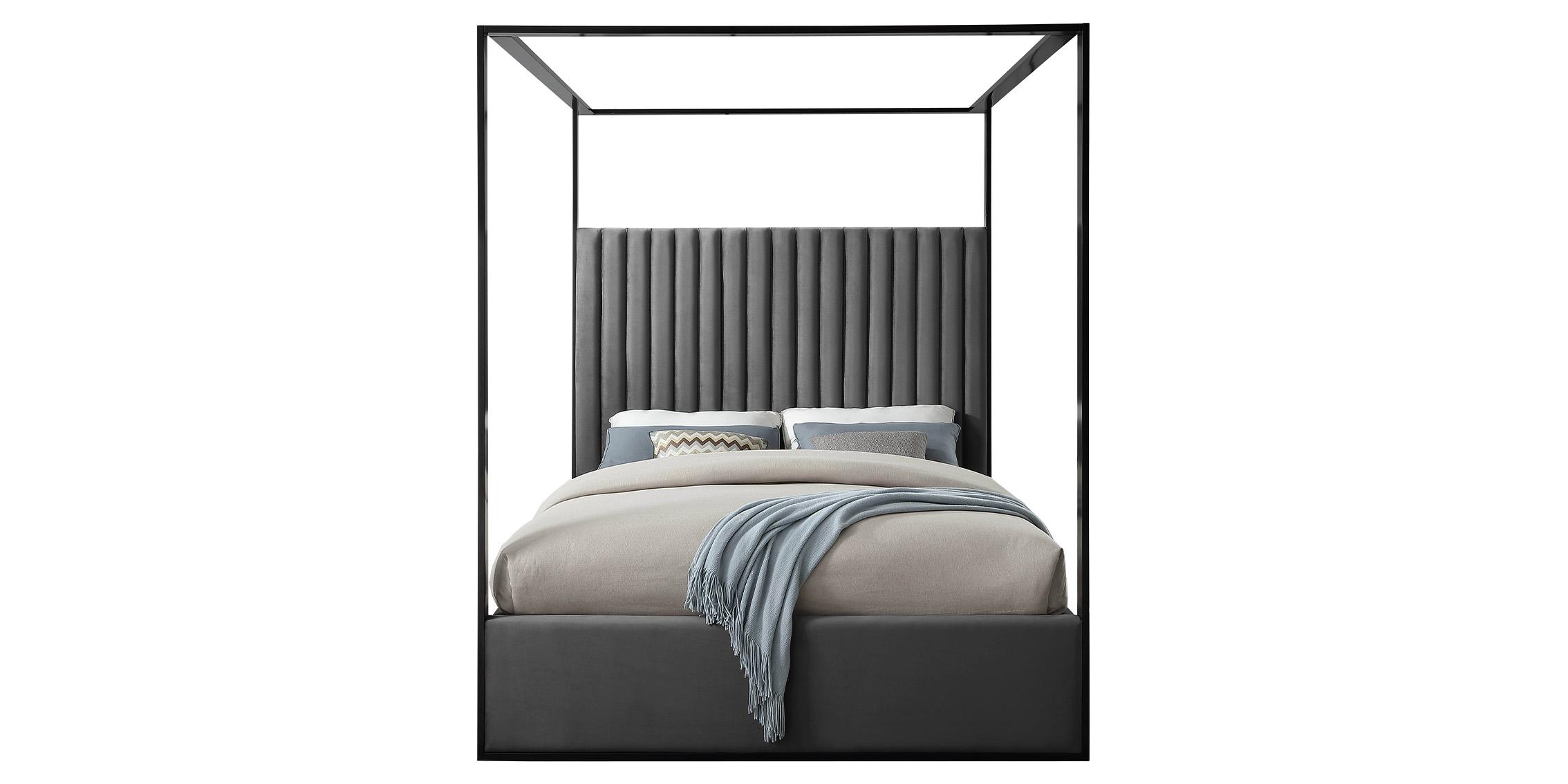 

    
Glam Grey Velvet Channel Tufted Queen Bed JAX Grey Meridian Contemporary Modern
