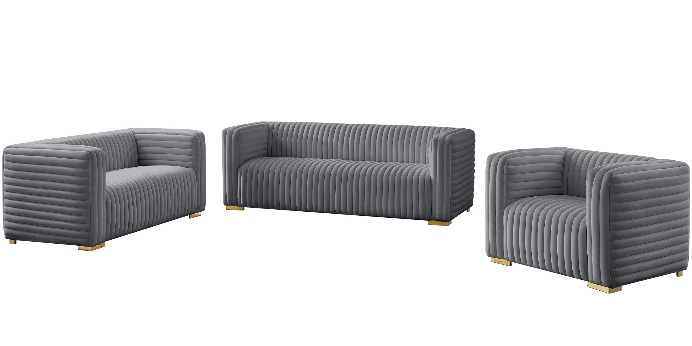 

    
Glam GREY Velvet Channel Tufted Sofa Set 3Pcs Ravish 640Grey-S Meridian Modern
