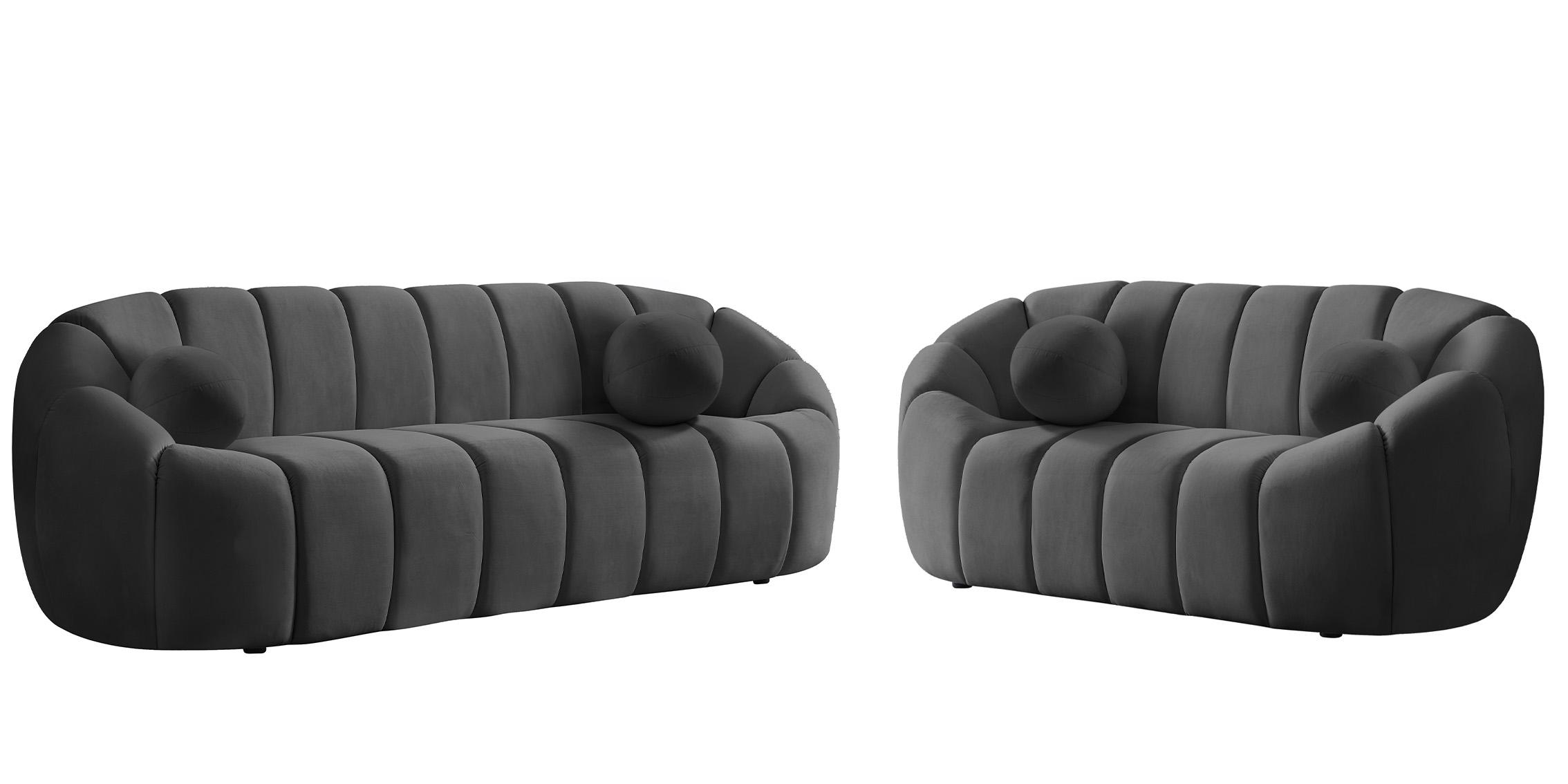 

    
Glam GREY Velvet Channel Tufted Sofa Set 2Pcs ELIJAH 613Grey-S Meridian Modern
