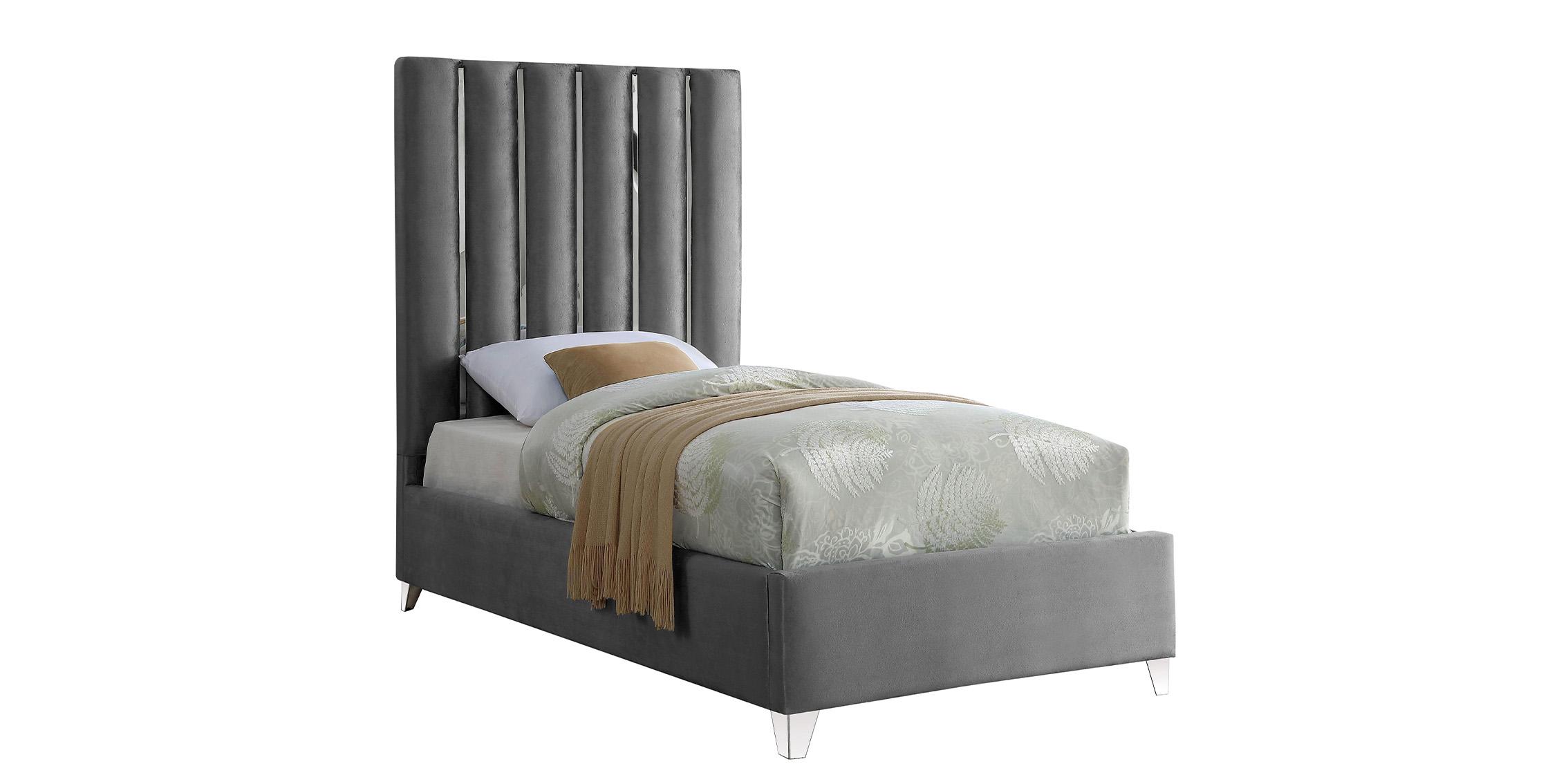 

    
Glam Grey Velvet Channel Tufted Twin Bed Enzo Meridian Contemporary Modern
